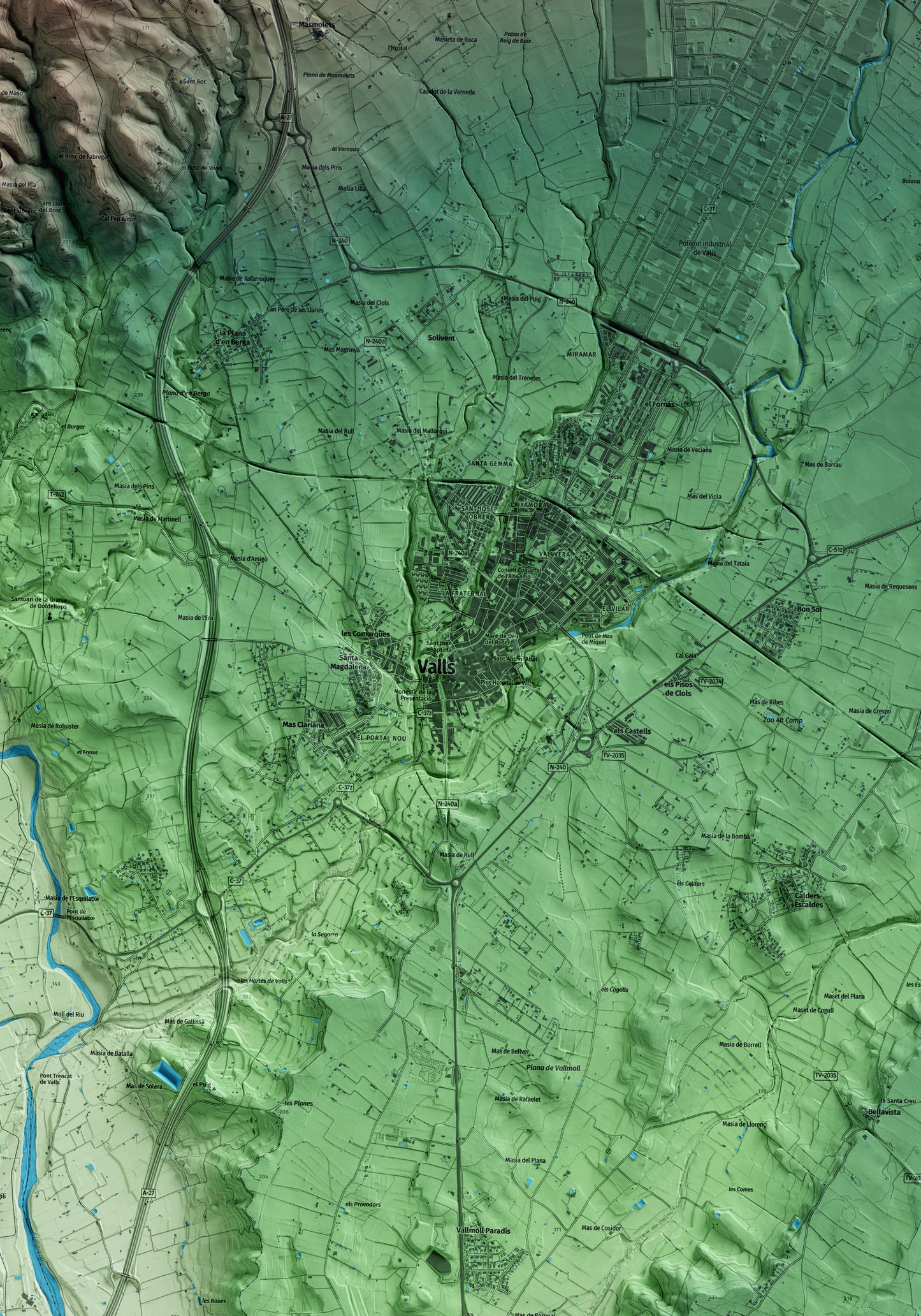 Mapa artístico del relieve de Valls, al Alt Camp, con 15 km de entorno y base topográfica ICGC. Detalle de la zona central.