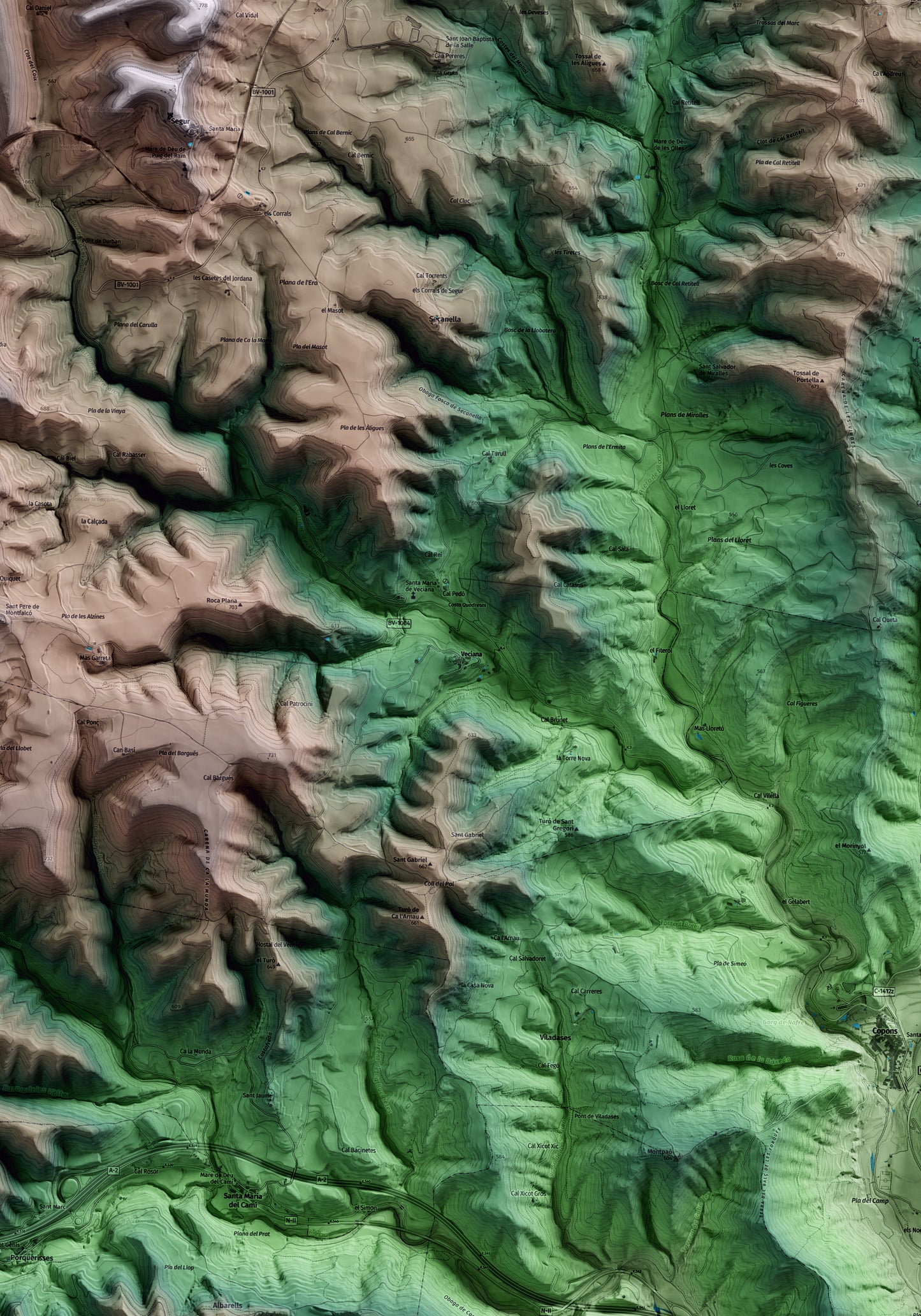Mapa artístico del relieve de Veciana, al Anoia, con 15 km de entorno y base topográfica ICGC. Detalle de la zona central.