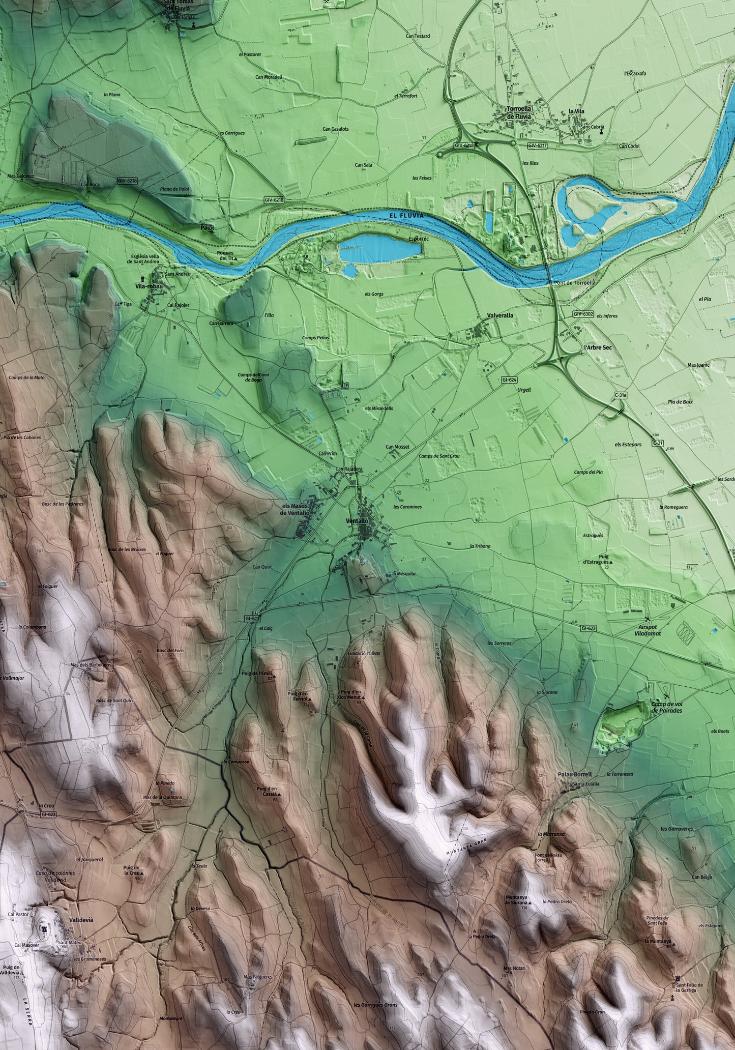 Mapa artístico del relieve de Ventalló, al Alt Empordà, con 15 km de entorno y base topográfica ICGC. Detalle de la zona central.
