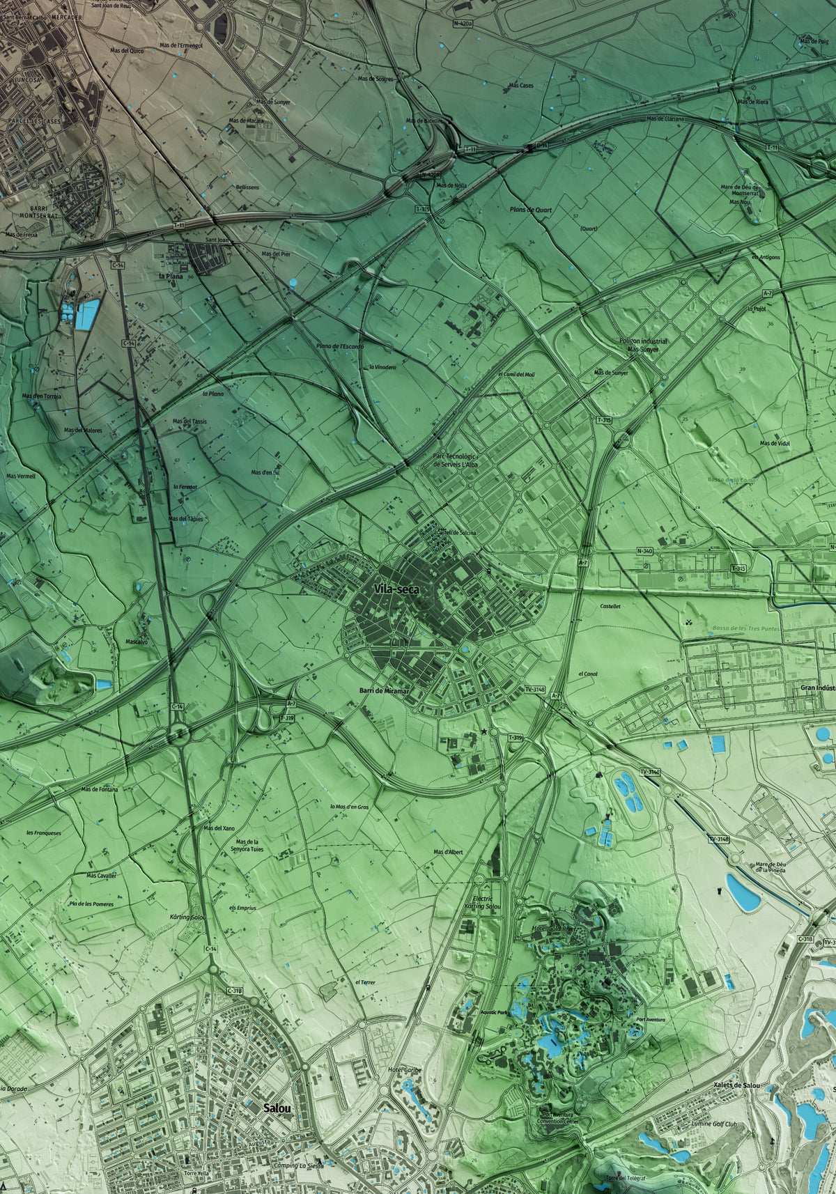 Mapa artístico del relieve de Vila-seca, al Tarragonès, con 15 km de entorno y base topográfica ICGC. Detalle de la zona central.