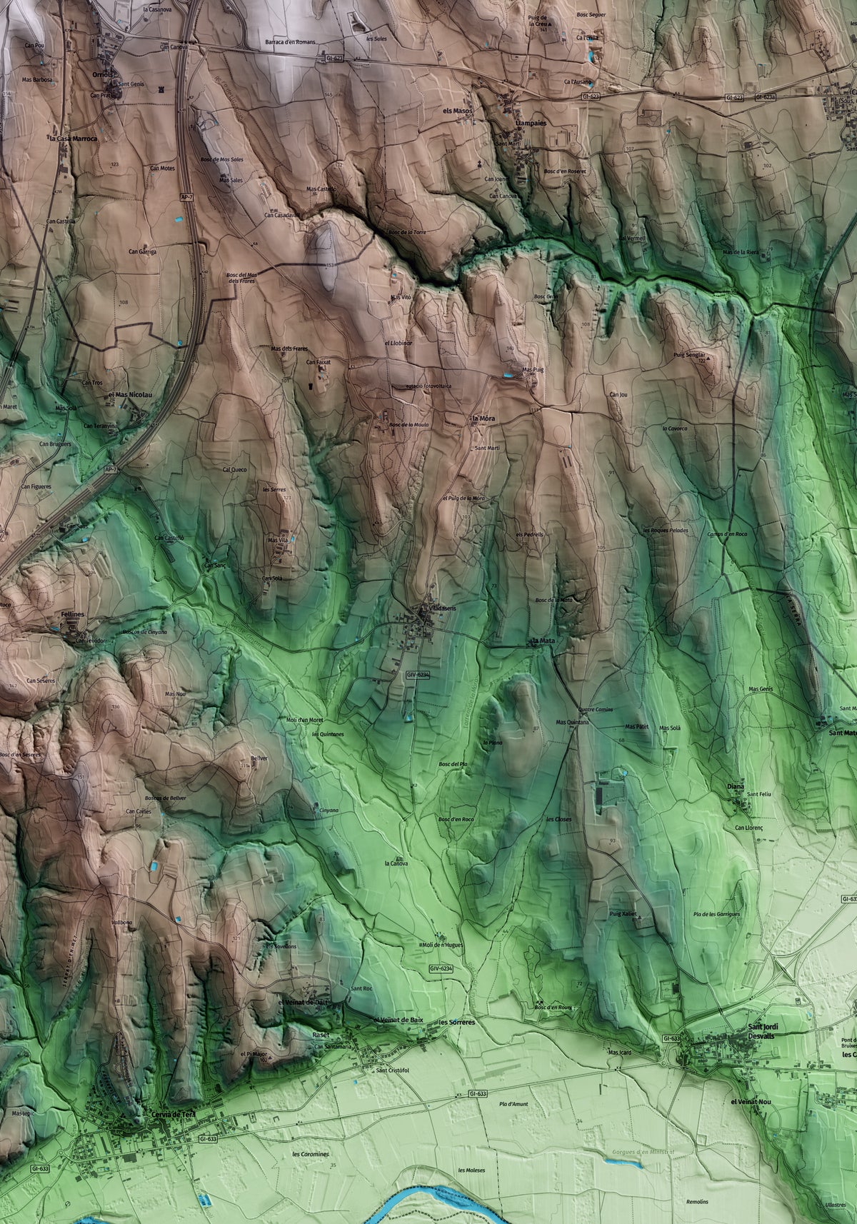 Mapa artístico del relieve de Viladasens, al Gironès, con 15 km de entorno y base topográfica ICGC. Detalle de la zona central.