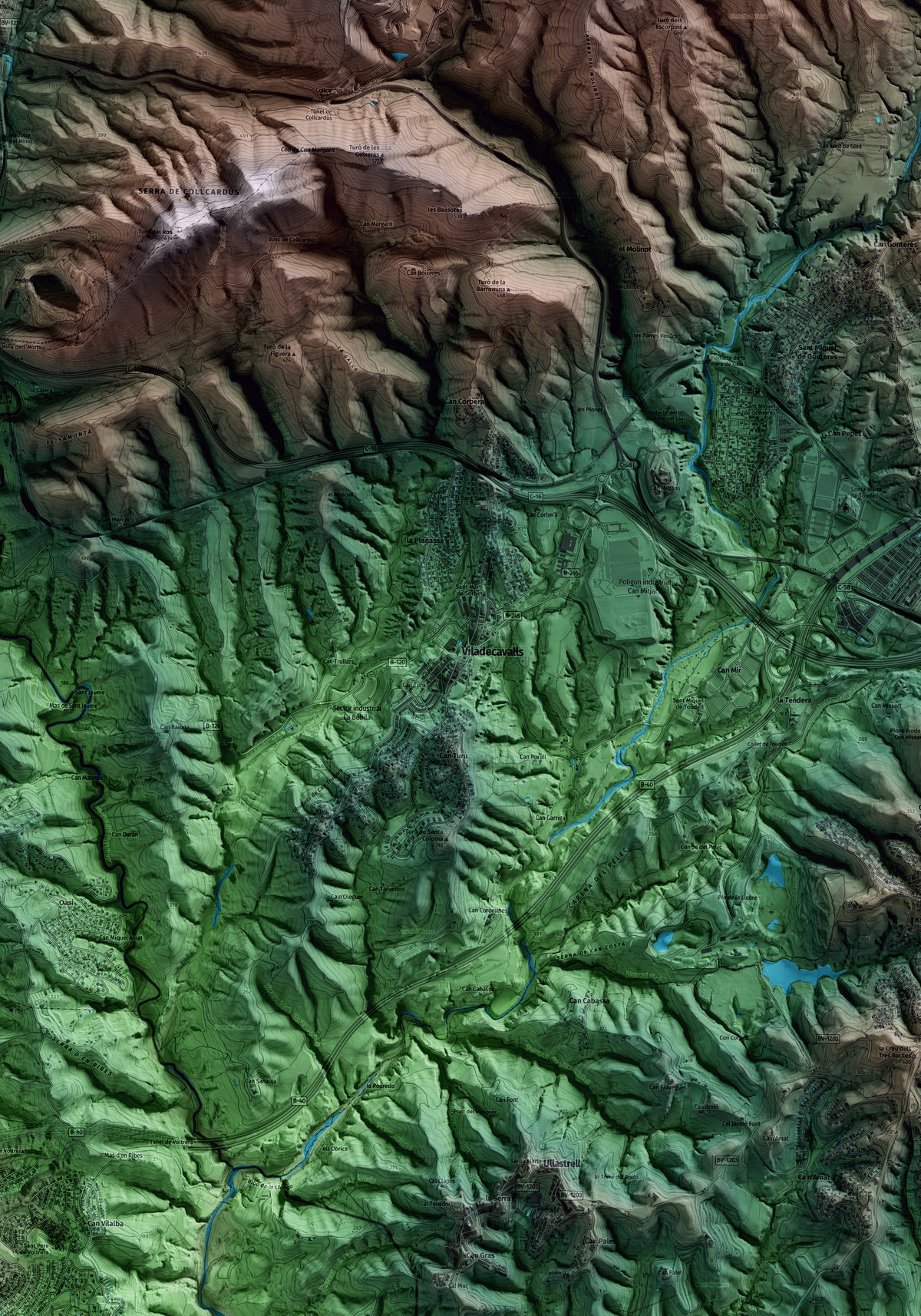 Mapa artístico del relieve de Viladecavalls, al Vallès Occidental, con 15 km de entorno y base topográfica ICGC. Detalle de la zona central.