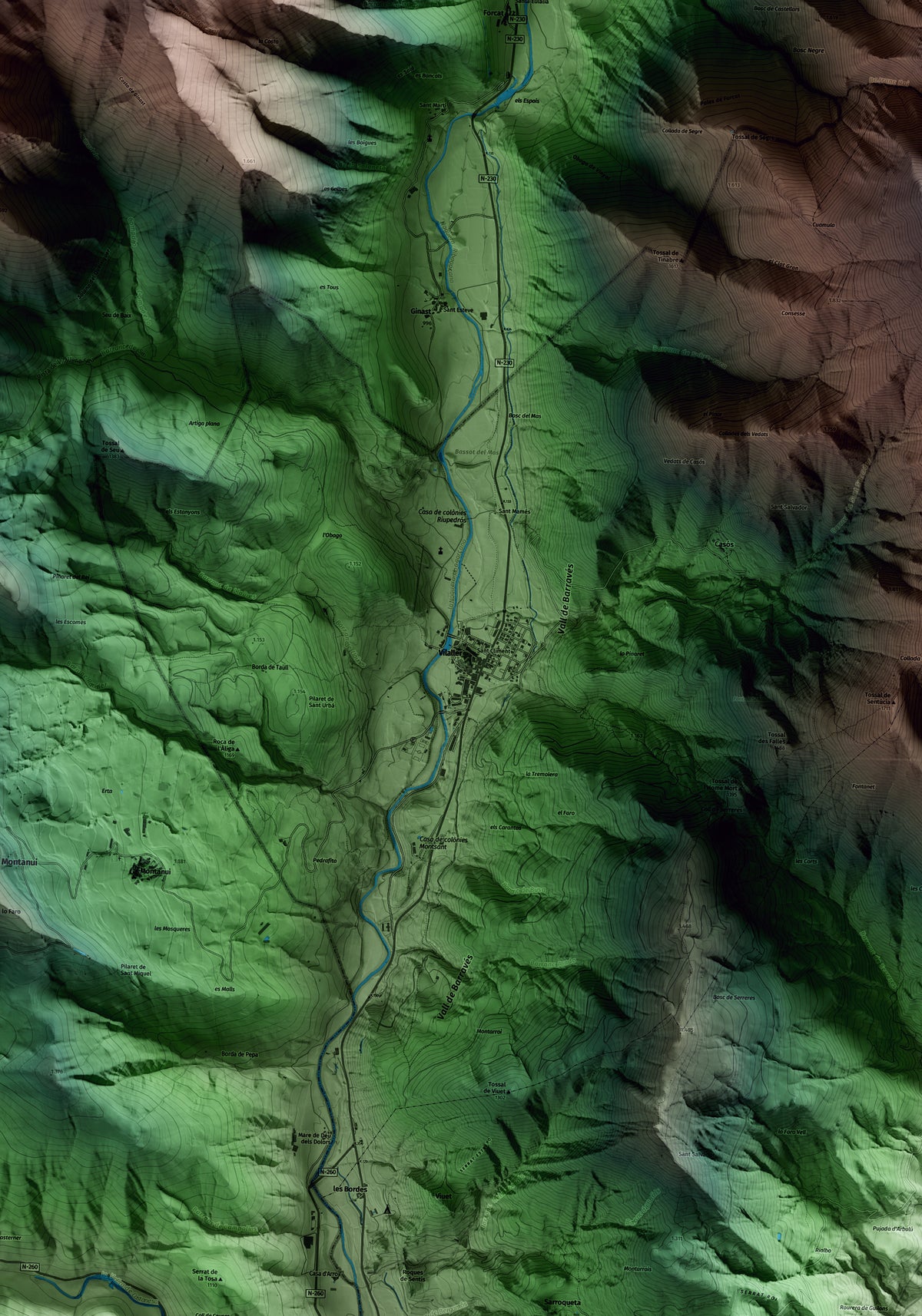 Mapa artístico del relieve de Vilaller, al Alta Ribagorça, con 15 km de entorno y base topográfica ICGC. Detalle de la zona central.