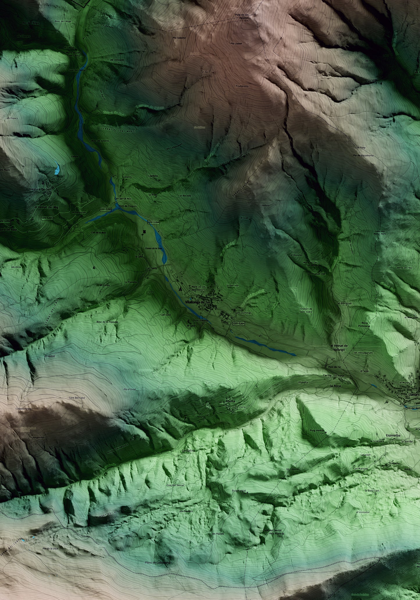 Mapa artístico del relieve de Vilallonga de Ter, al Ripollès, con 15 km de entorno y base topográfica ICGC. Detalle de la zona central.
