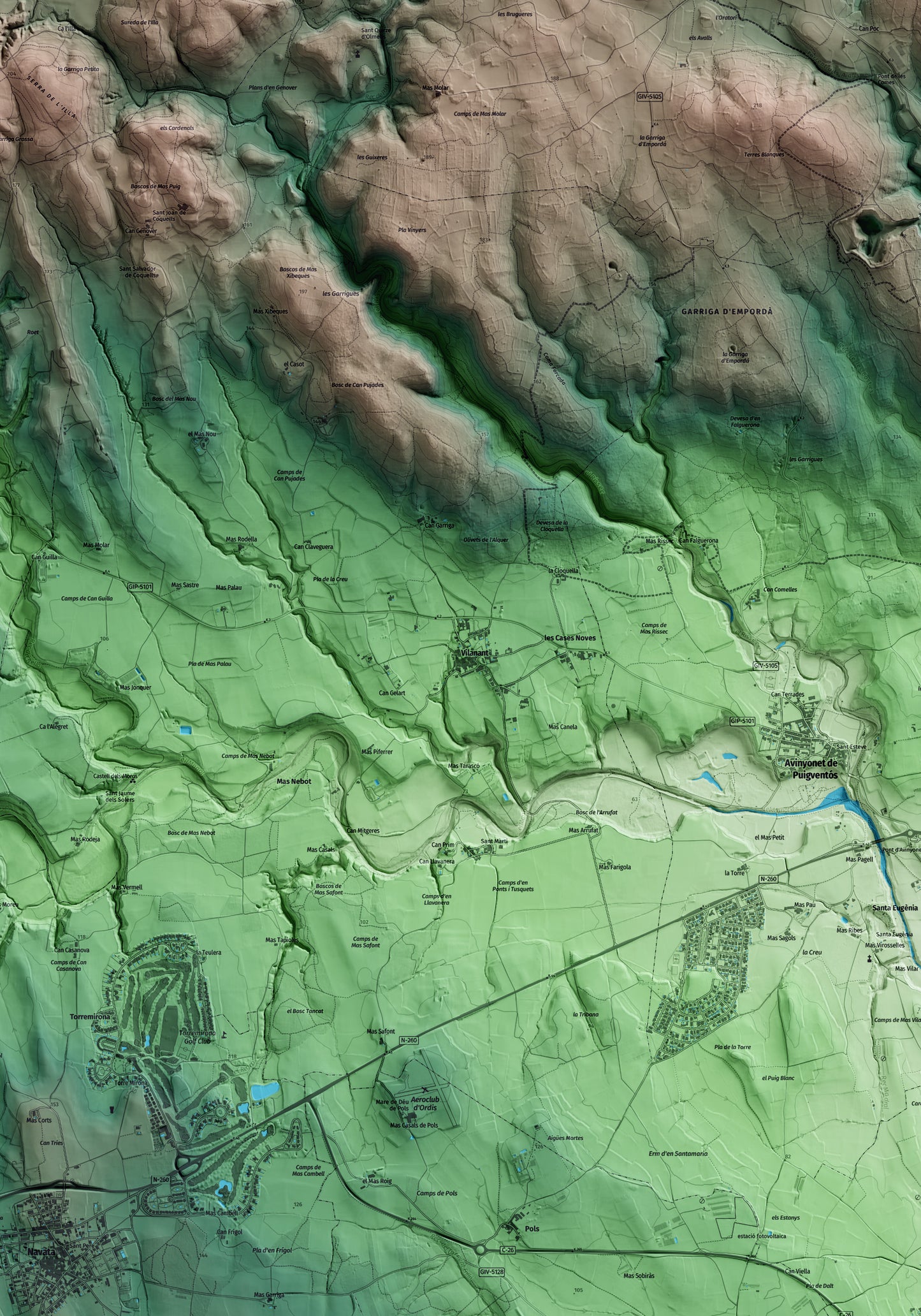 Mapa artístico del relieve de Vilanant, al Alt Empordà, con 15 km de entorno y base topográfica ICGC. Detalle de la zona central.