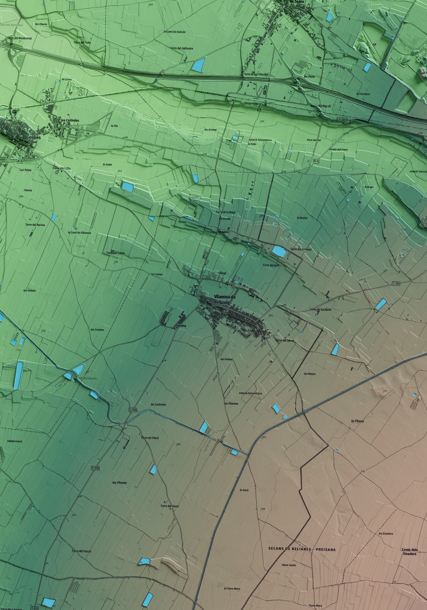 Mapa artístico del relieve de Vilanova de Bellpuig, en el Pla d'Urgell, con 15 km de entorno y base topográfica ICGC. Detalle de la zona central.