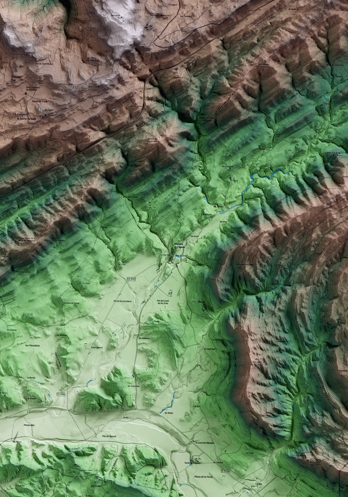 Mapa artístico del relieve de Vilanova de l'Aguda, a la Noguera, con 15 km de entorno y base topográfica ICGC. Detalle de la zona central.