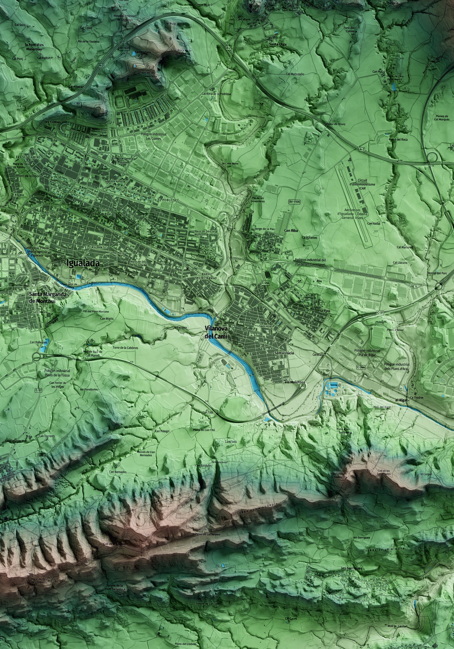 Mapa artístico del relieve de Vilanova del Camí, al Anoia, con 15 km de entorno y base topográfica ICGC. Detalle de la zona central.