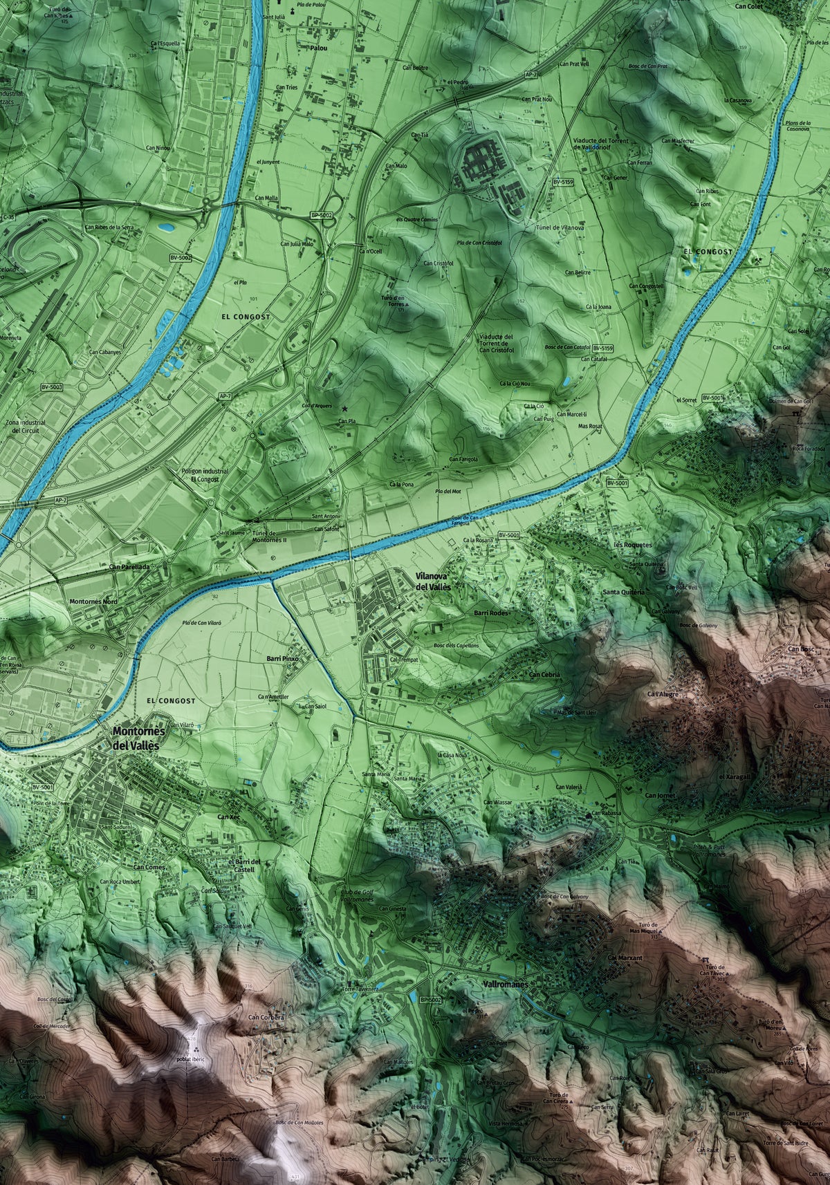 Mapa artístico del relieve de Vilanova del Vallès, al Vallès Oriental, con 15 km de entorno y base topográfica ICGC. Detalle de la zona central.