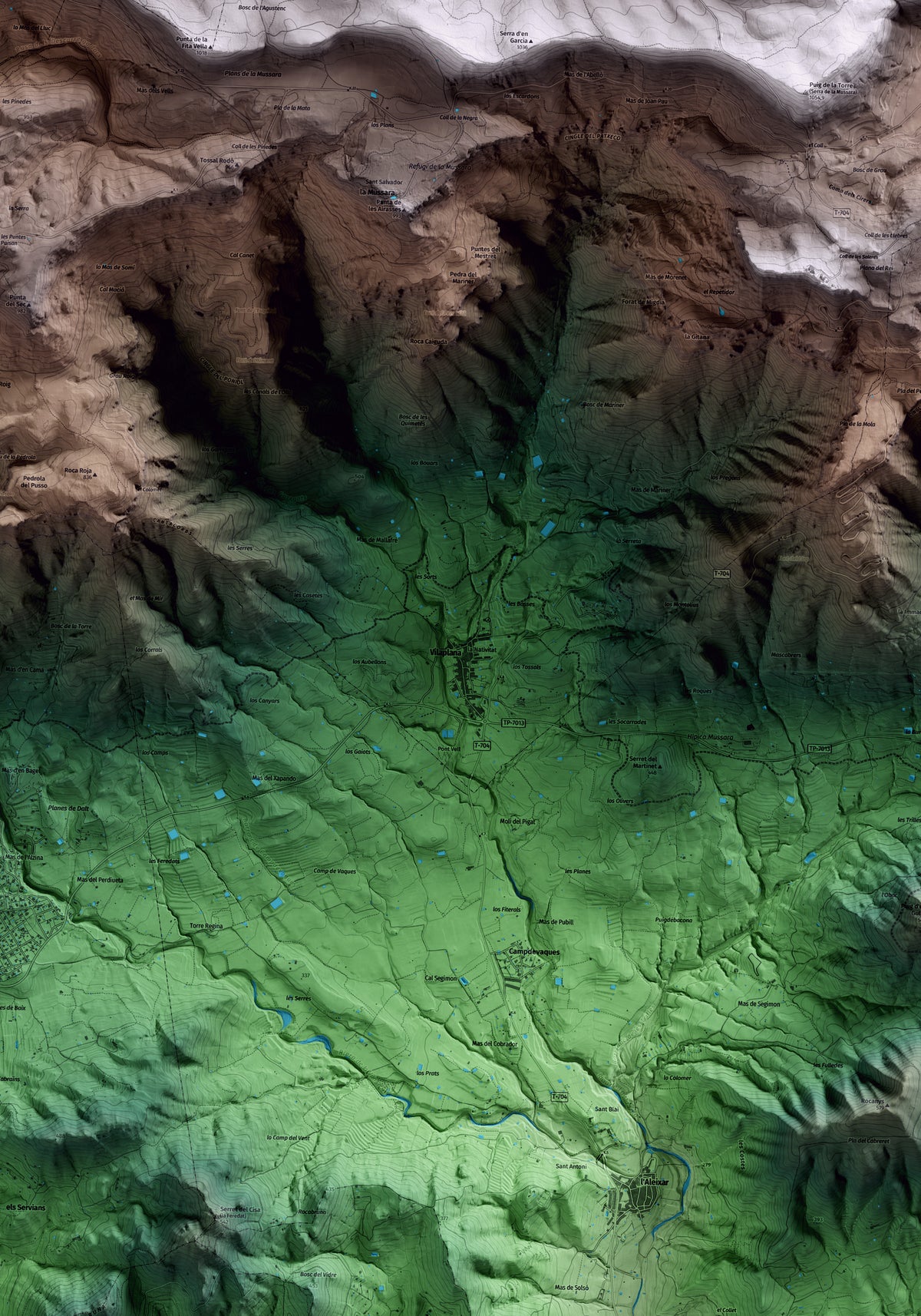 Mapa artístico del relieve de Vilaplana, al Baix Camp, con 15 km de entorno y base topográfica ICGC. Detalle de la zona central.