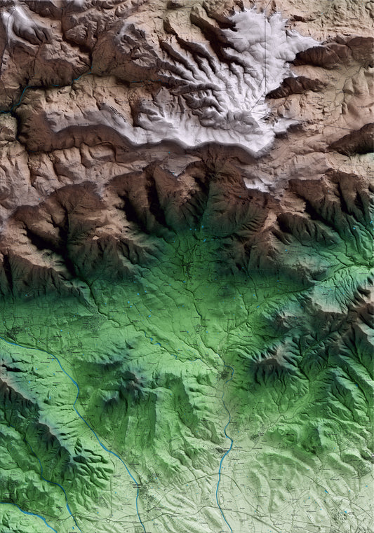 Mapa artístico del relieve de Vilaplana, al Baix Camp, con 15 km de entorno y base topográfica ICGC