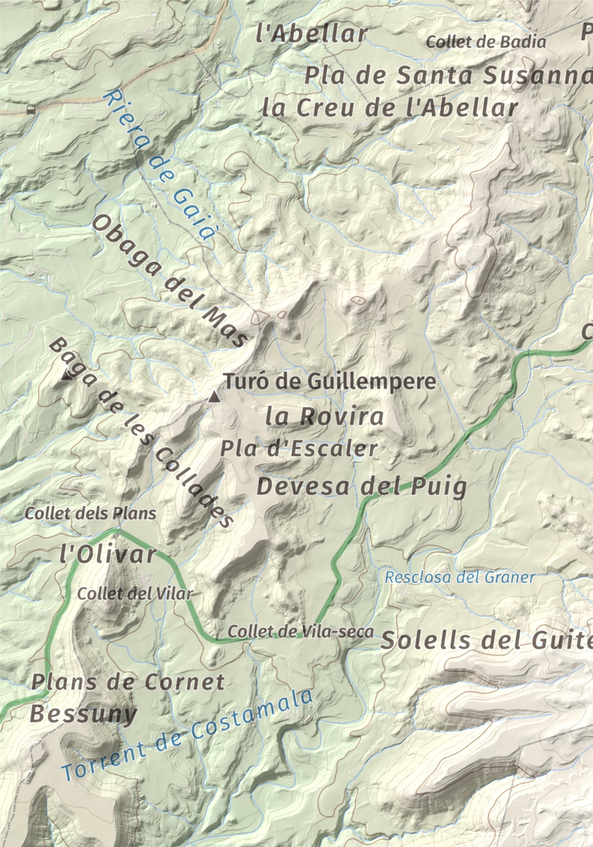 Mapa de relieve del Garrofí, 617 m, Bages, lámina 100 Cims de Trobart. Detalle de la zona superior izquierda. 21 × 30 cm.
