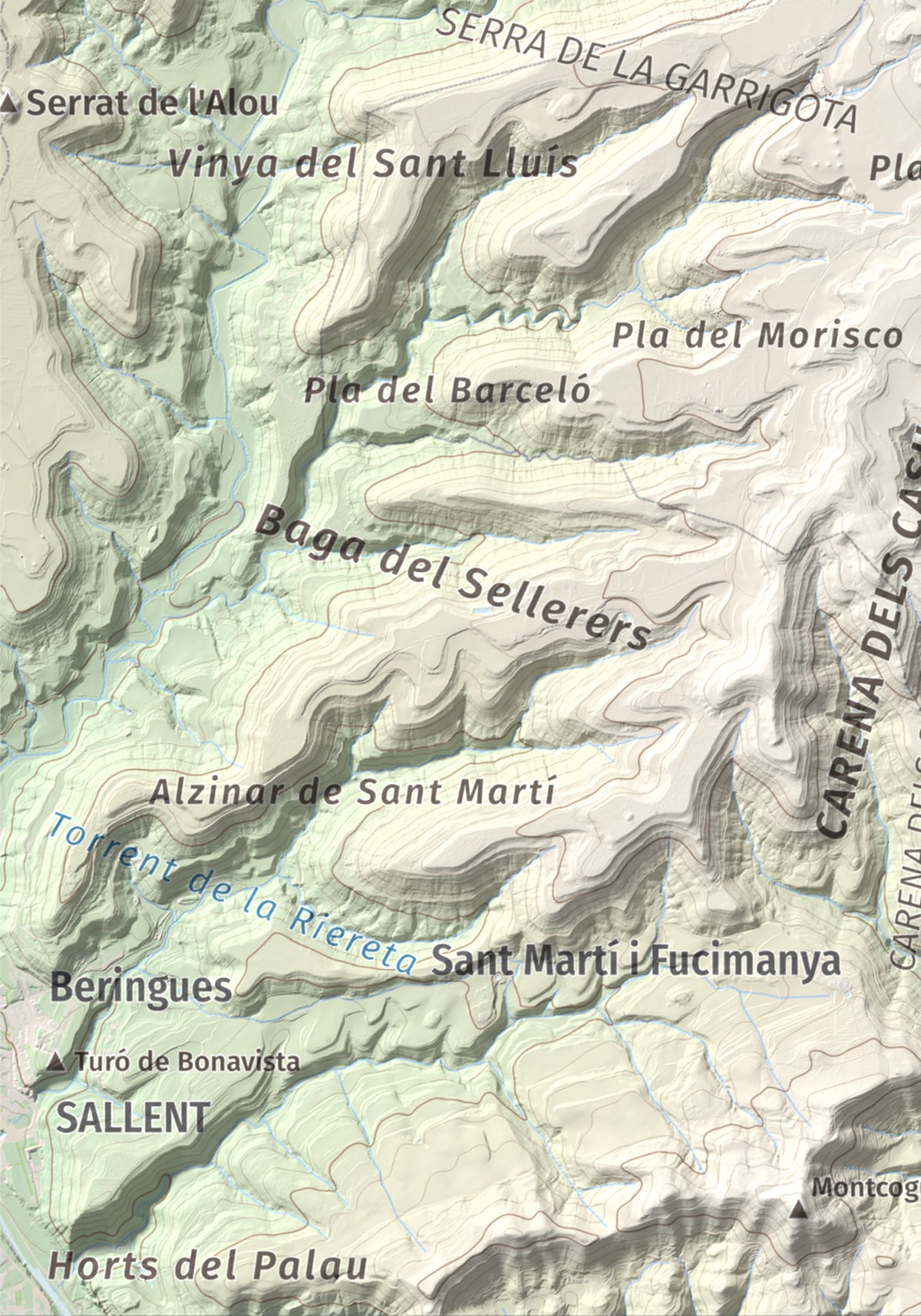 Mapa de relieve del Garrofí, 617 m, Bages, lámina 100 Cims de Trobart. Detalle de la zona inferior izquierda. 21 × 30 cm.