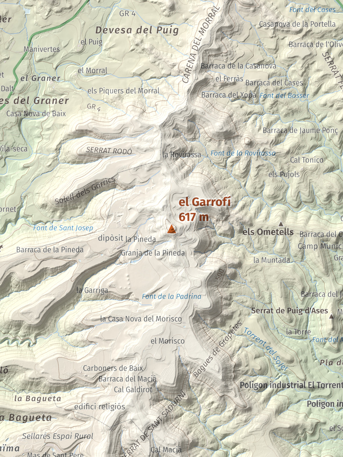 Mapa de relieve del Garrofí, 617 m, Bages, lámina 100 Cims de Trobart. Detalle de la zona central. 30 × 40 cm.