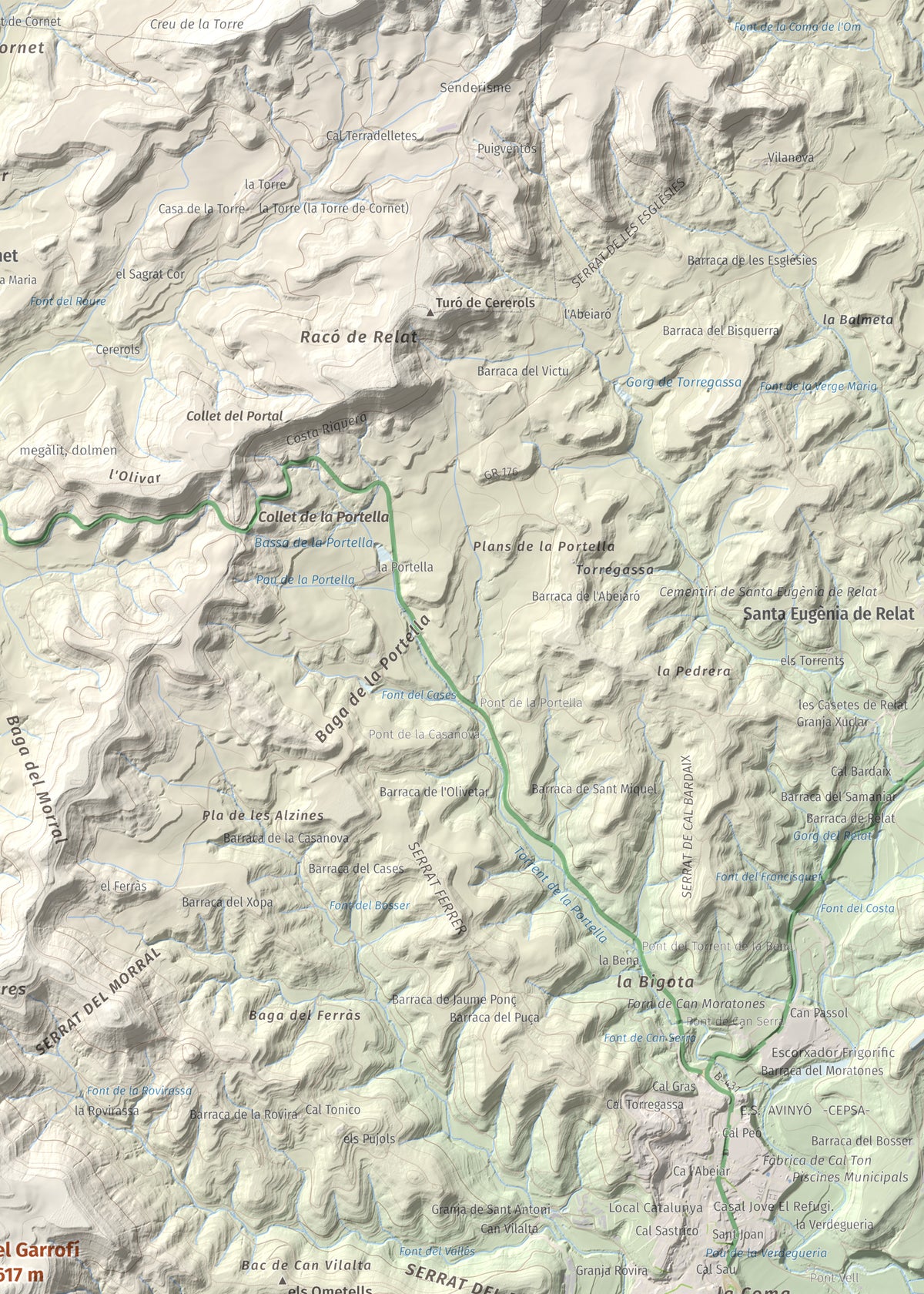 Mapa de relieve del Garrofí, 617 m, Bages, lámina 100 Cims de Trobart. Detalle de la zona superior derecha. 50 × 70 cm.