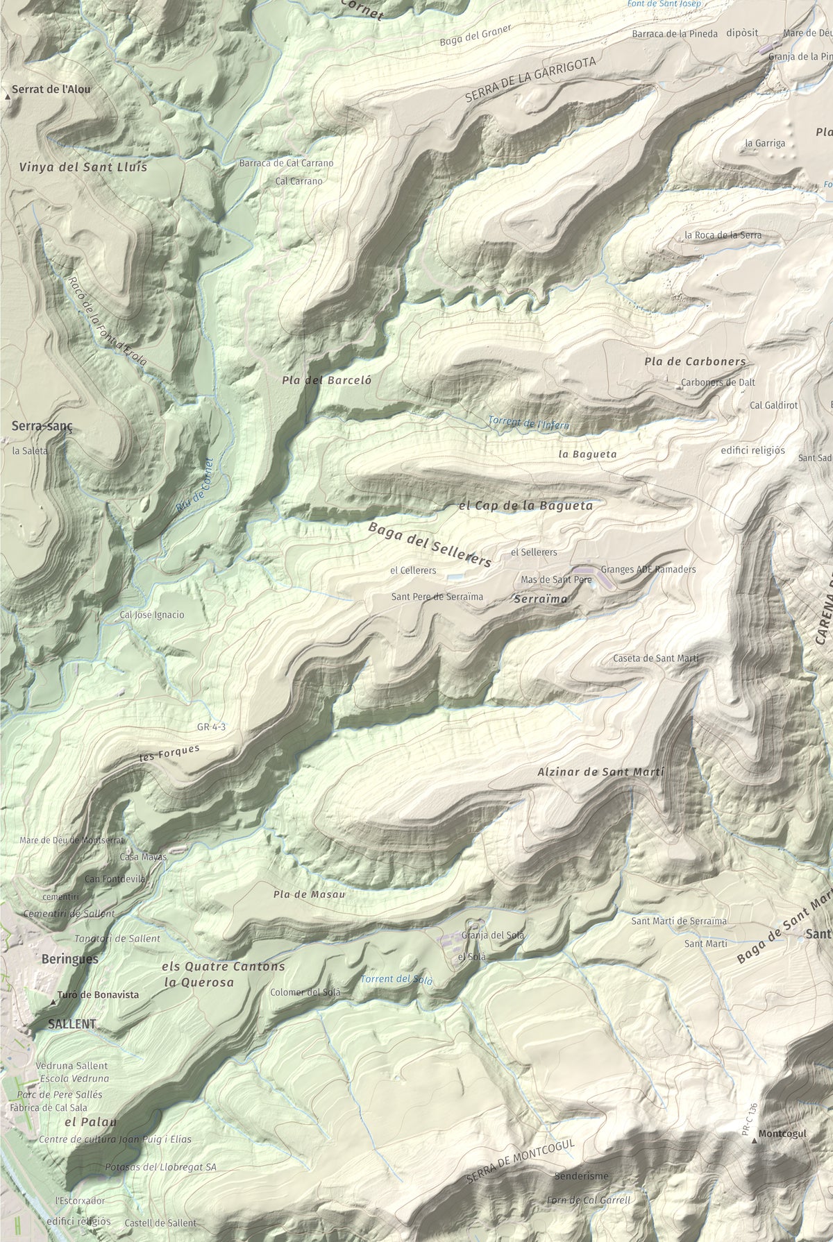 Mapa de relieve del Garrofí, 617 m, Bages, lámina 100 Cims de Trobart. Detalle de la zona inferior izquierda. 61 × 91 cm.