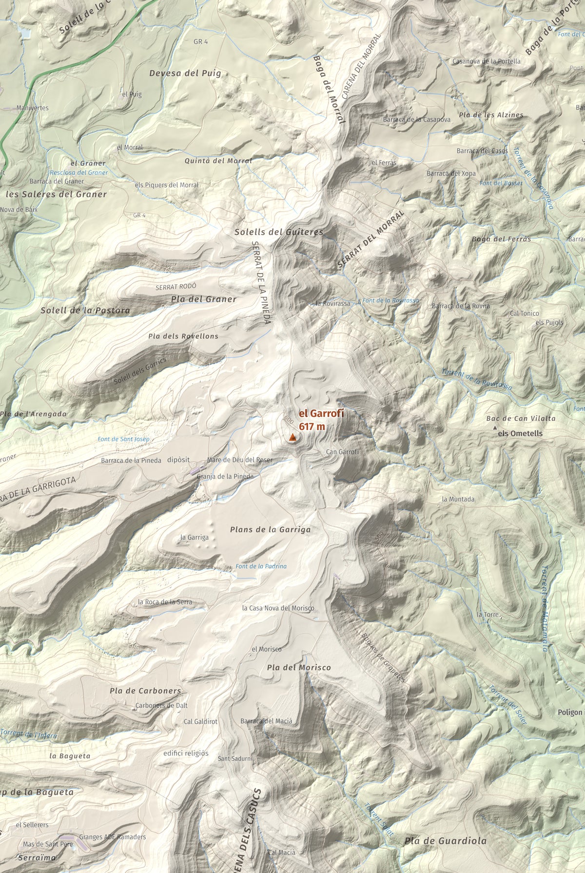 Mapa de relieve del Garrofí, 617 m, Bages, lámina 100 Cims de Trobart. Detalle de la zona central. 61 × 91 cm.