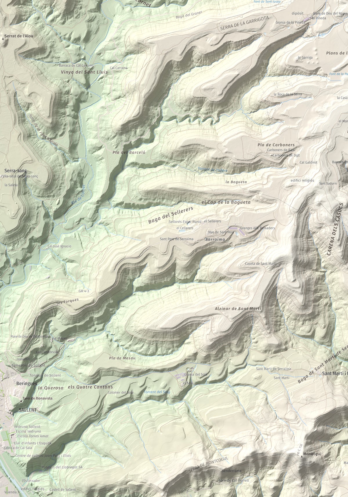 Mapa de relieve del Garrofí, 617 m, Bages, lámina 100 Cims de Trobart. Detalle de la zona inferior izquierda. 70 × 100 cm.