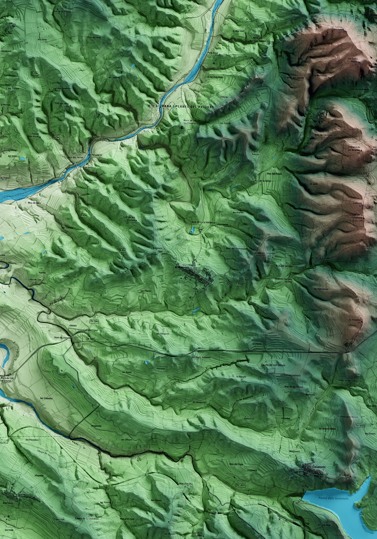 Mapa artístico del relieve del Masroig, al Priorat, con 15 km de entorno y base topográfica ICGC. Detalle de la zona central.