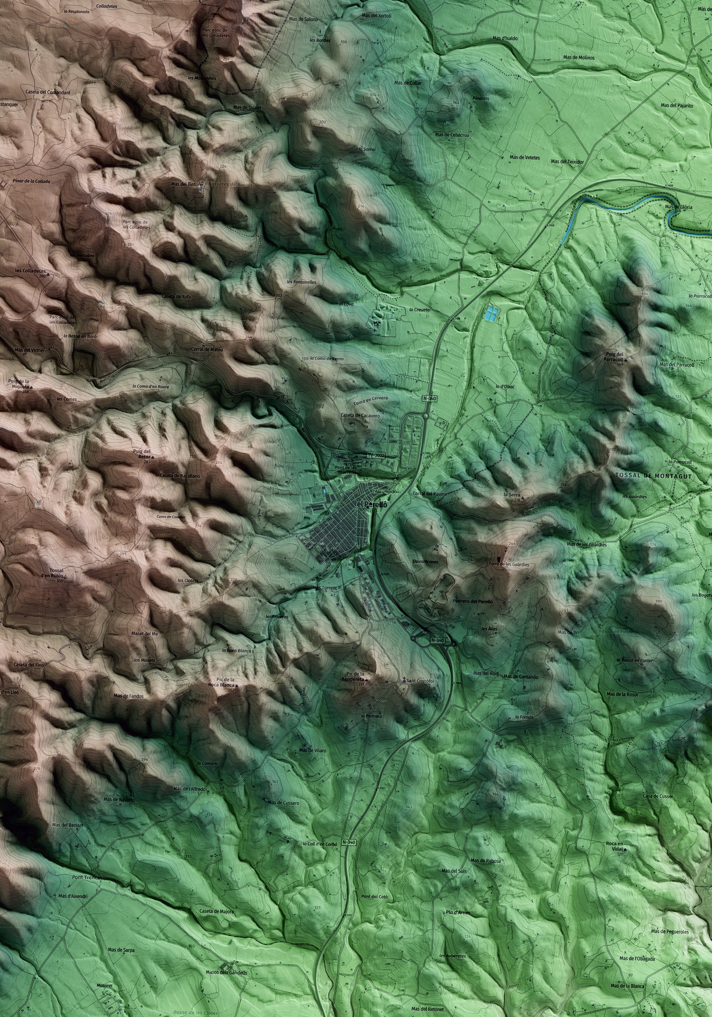 Mapa artístico del relieve del Perelló, al Baix Ebre, con 15 km de entorno y base topográfica ICGC. Detalle de la zona central.
