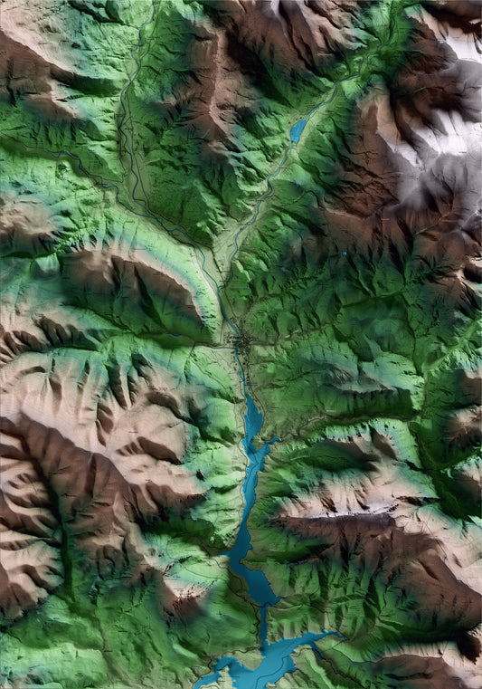 Mapa artístico del relieve del Pont de Suert, al Alta Ribagorça, con 15 km de entorno y base topográfica ICGC