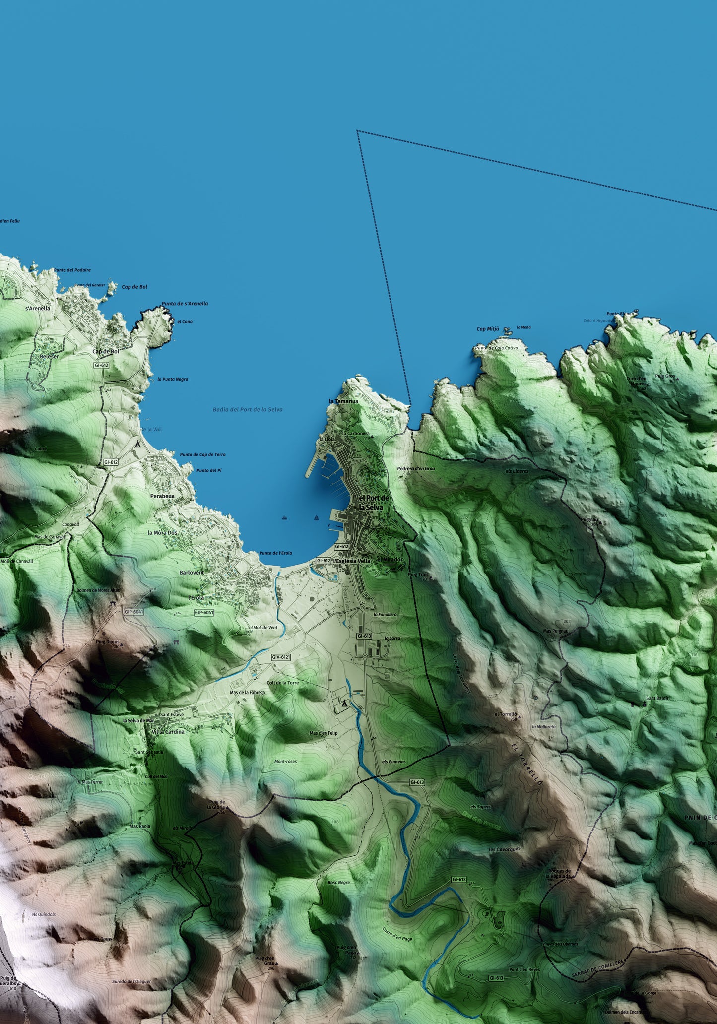 Mapa artístico del relieve del Port de la Selva, al Alt Empordà, con 15 km de entorno y base topográfica ICGC. Detalle de la zona central.