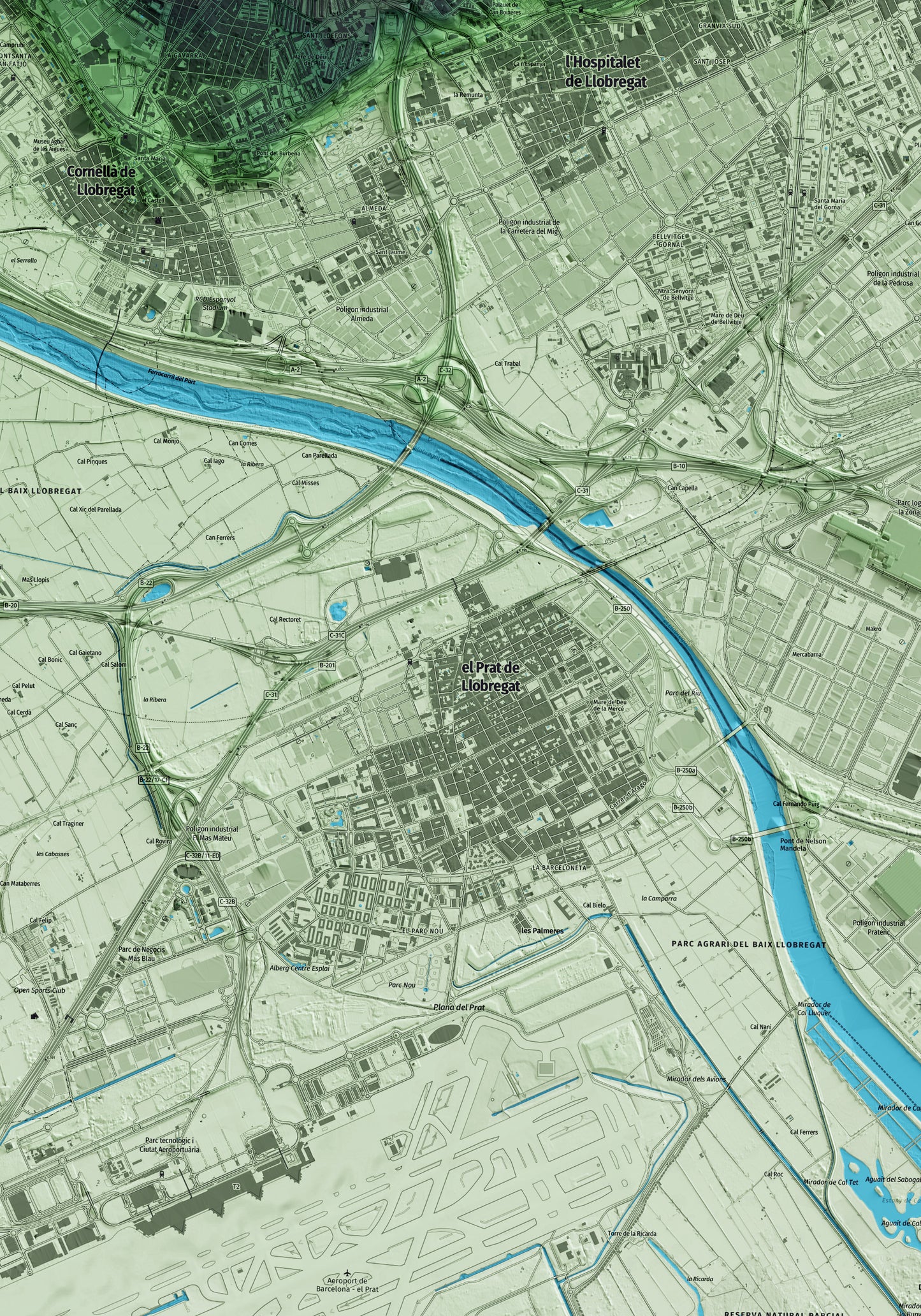 Mapa artístico del relieve del Prat de Llobregat, al Baix Llobregat, con 15 km de entorno y base topográfica ICGC. Detalle de la zona central.