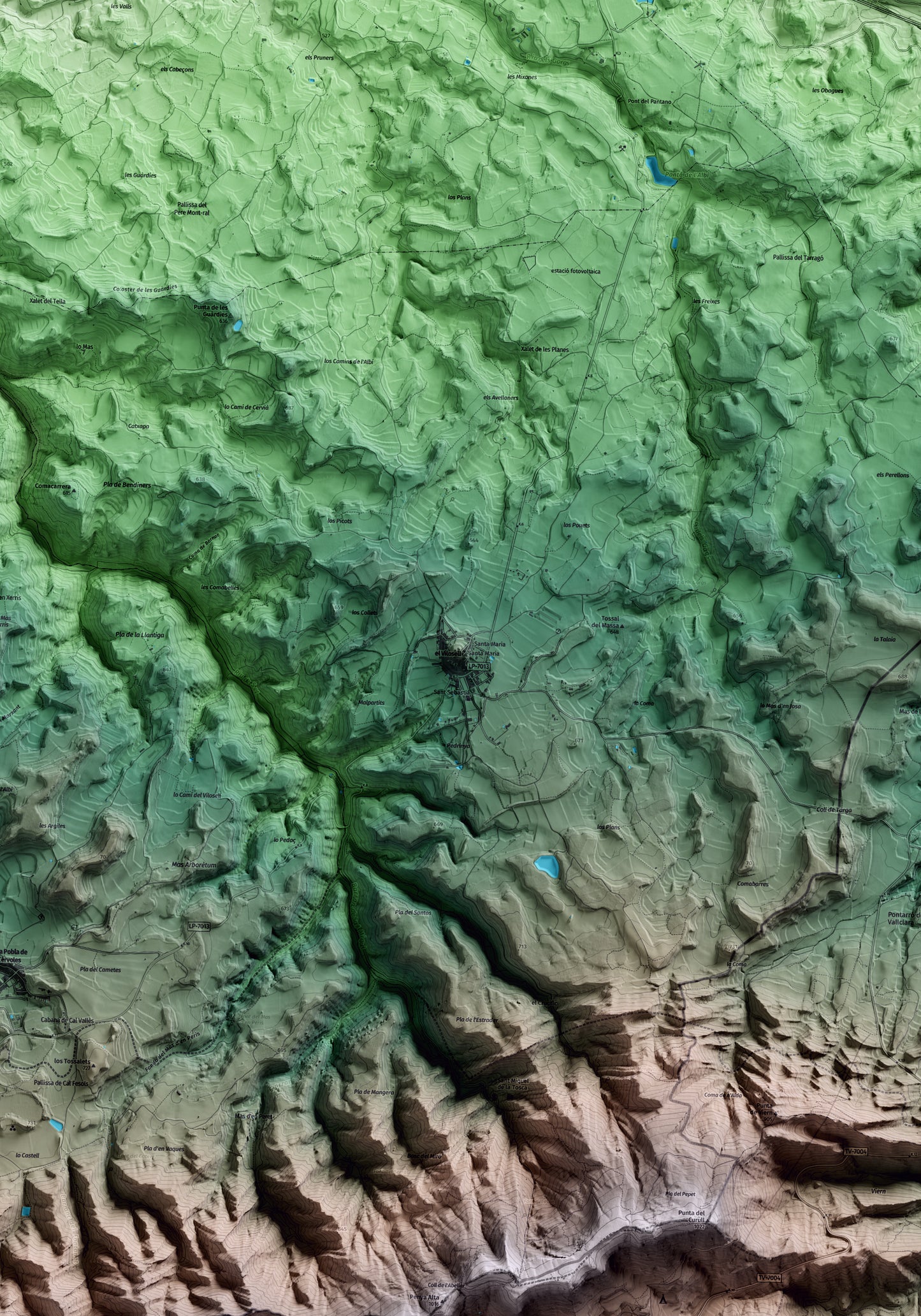 Mapa artístico del relieve del Vilosell, a las Garrigues, con 15 km de entorno y base topográfica ICGC. Detalle de la zona central.