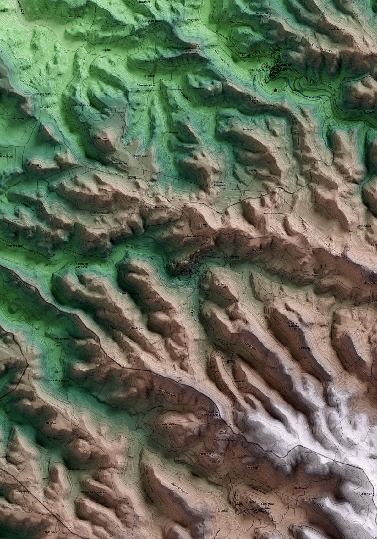 Mapa artístico del relieve dels Omells de na Gaia, al Urgell, con 15 km de entorno y base topográfica ICGC. Detalle de la zona central.