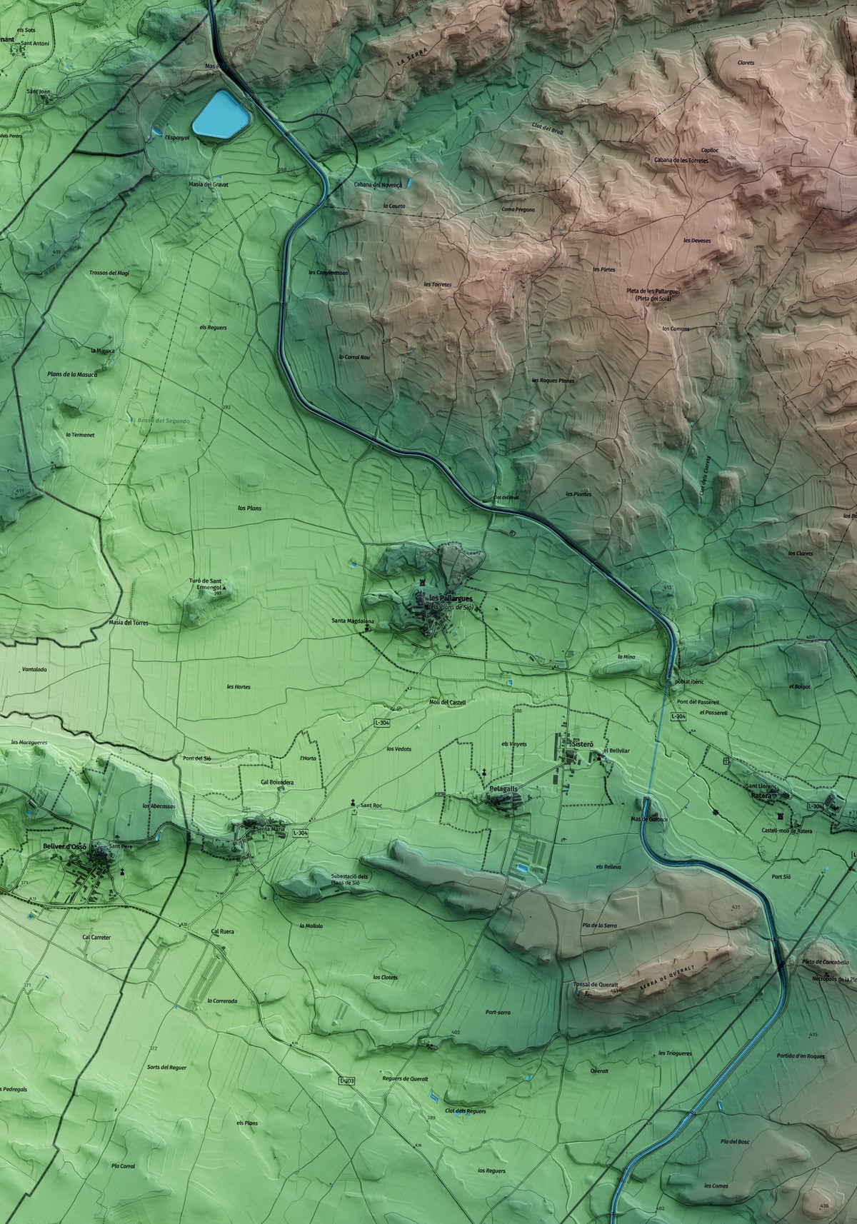 Mapa artístico del relieve dels Plans de Sió, a la Segarra, con 15 km de entorno y base topográfica ICGC. Detalle de la zona central.