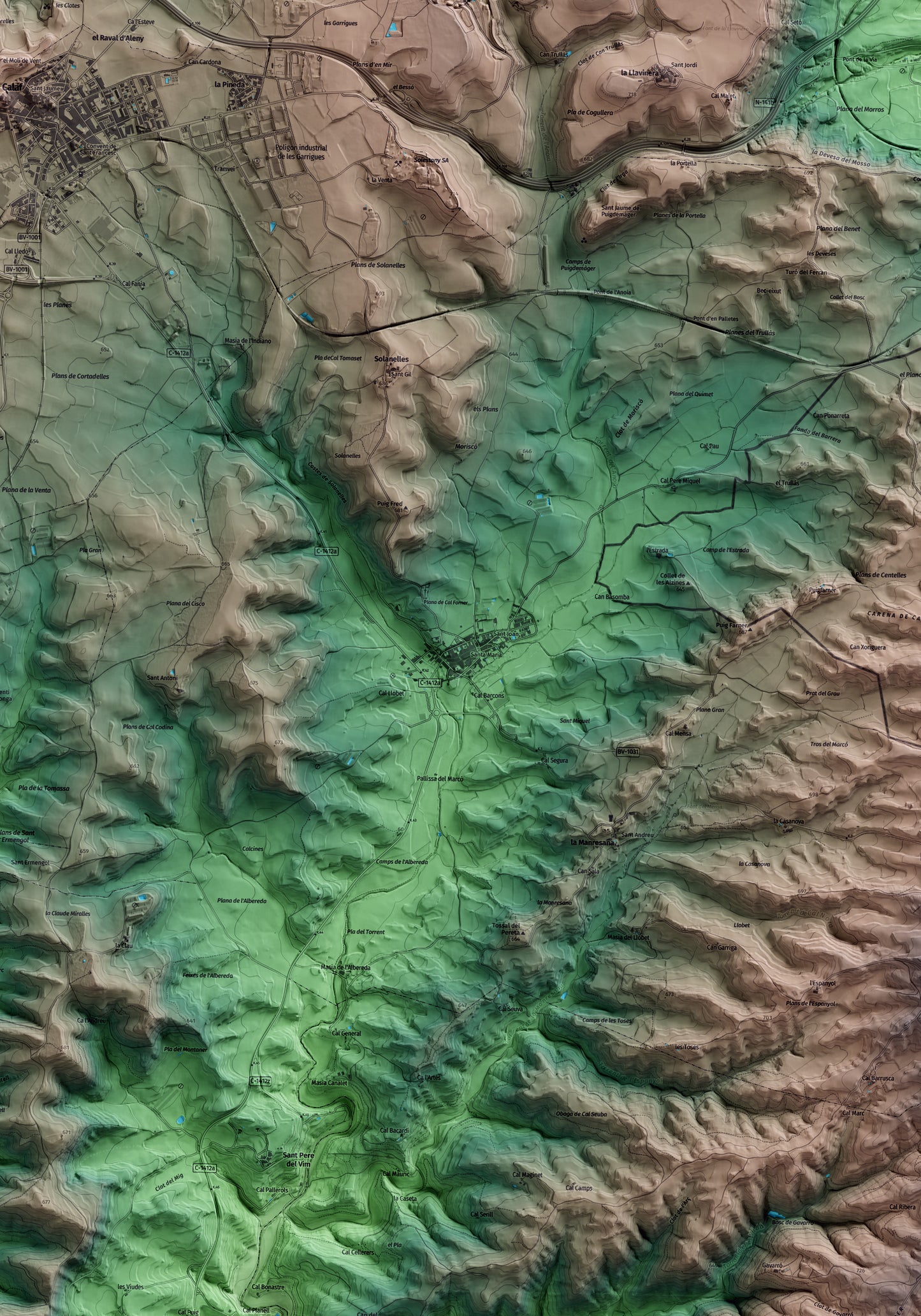Mapa artístico del relieve dels Prats de Rei, al Anoia, con 15 km de entorno y base topográfica ICGC. Detalle de la zona central.