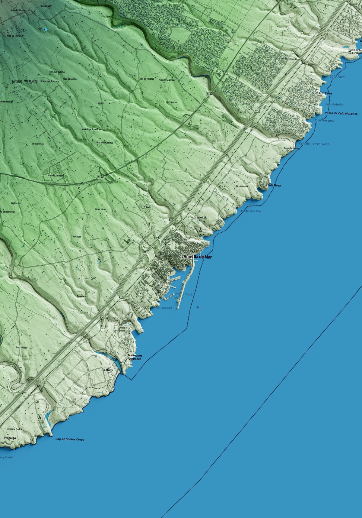Mapa artístico del relieve de l'Ametlla de Mar, al Baix Ebre, con 15 km de entorno y base topográfica ICGC. Detalle de la zona central.