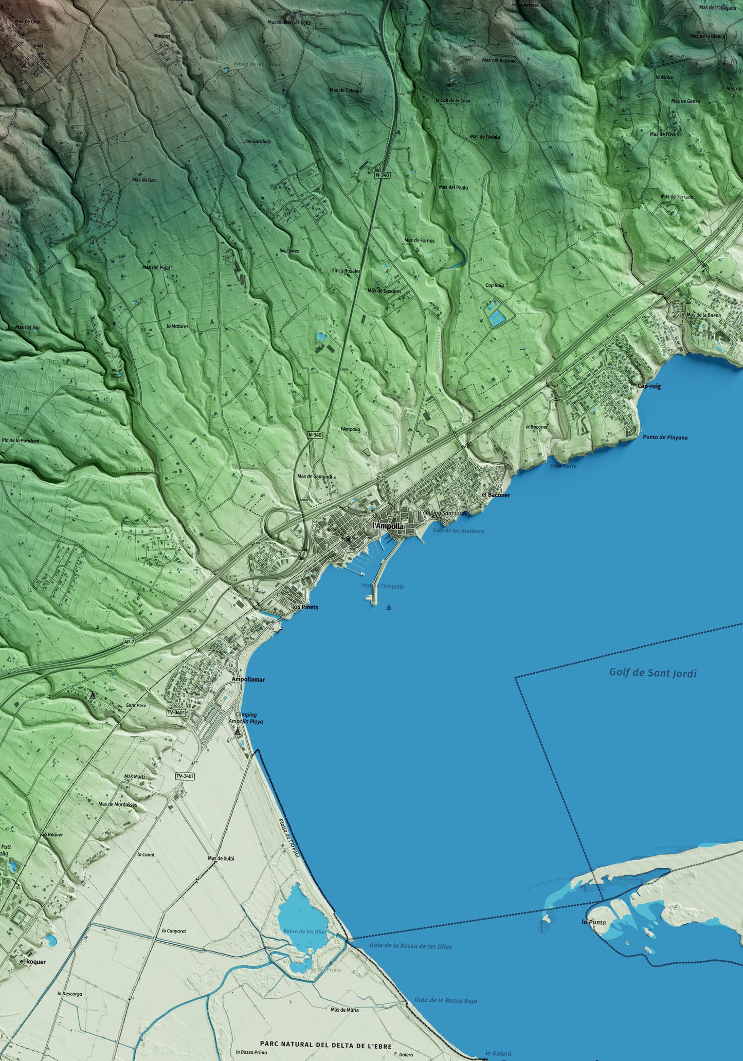 Mapa artístico del relieve de l'Ampolla, al Baix Ebre, con 15 km de entorno y base topográfica ICGC. Detalle de la zona central.