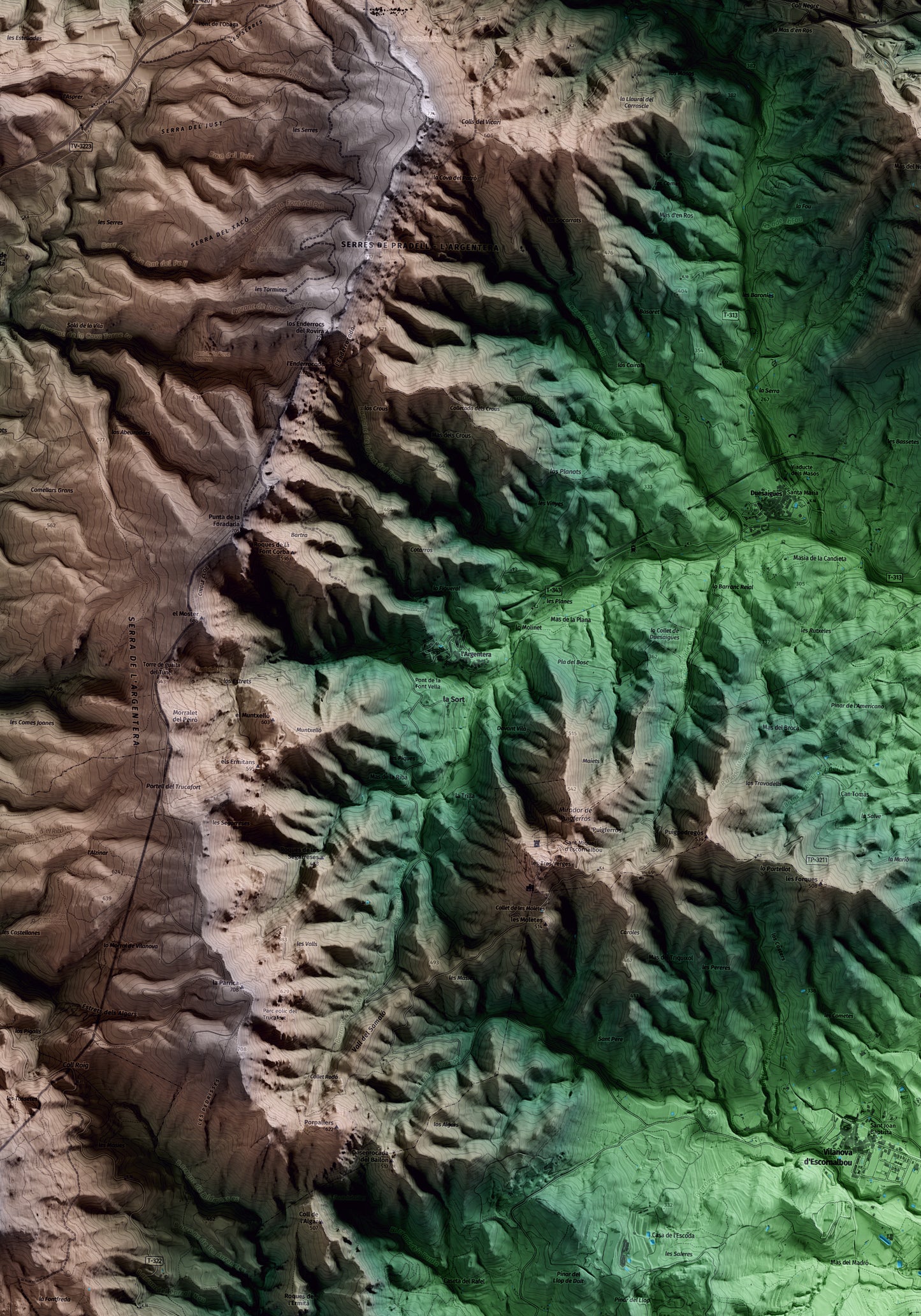 Mapa artístico del relieve de l'Argentera, al Baix Camp, con 15 km de entorno y base topográfica ICGC. Detalle de la zona central.