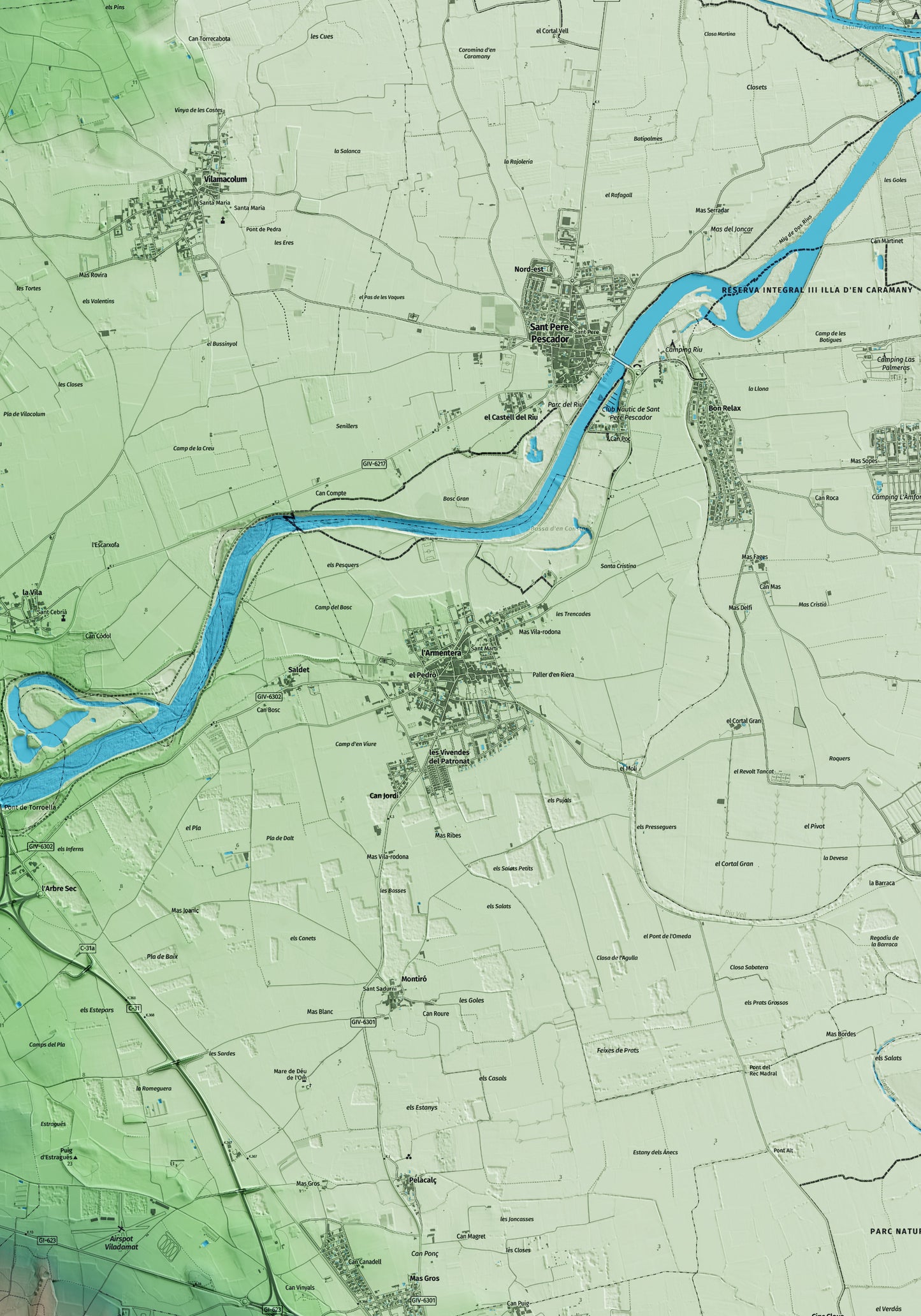 Mapa artístico del relieve de l'Armentera, a la Alt Empordà, con 15 km de entorno y base topográfica ICGC. Detalle de la zona central.