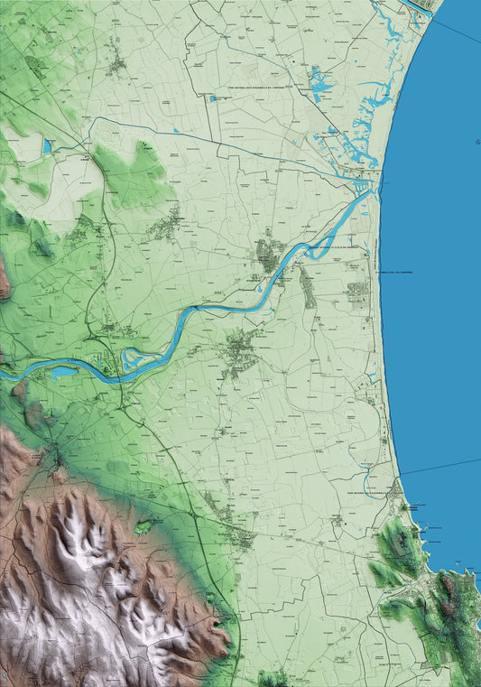 Mapa artístico del relieve de l'Armentera, a la Alt Empordà, con 15 km de entorno y base topográfica ICGC