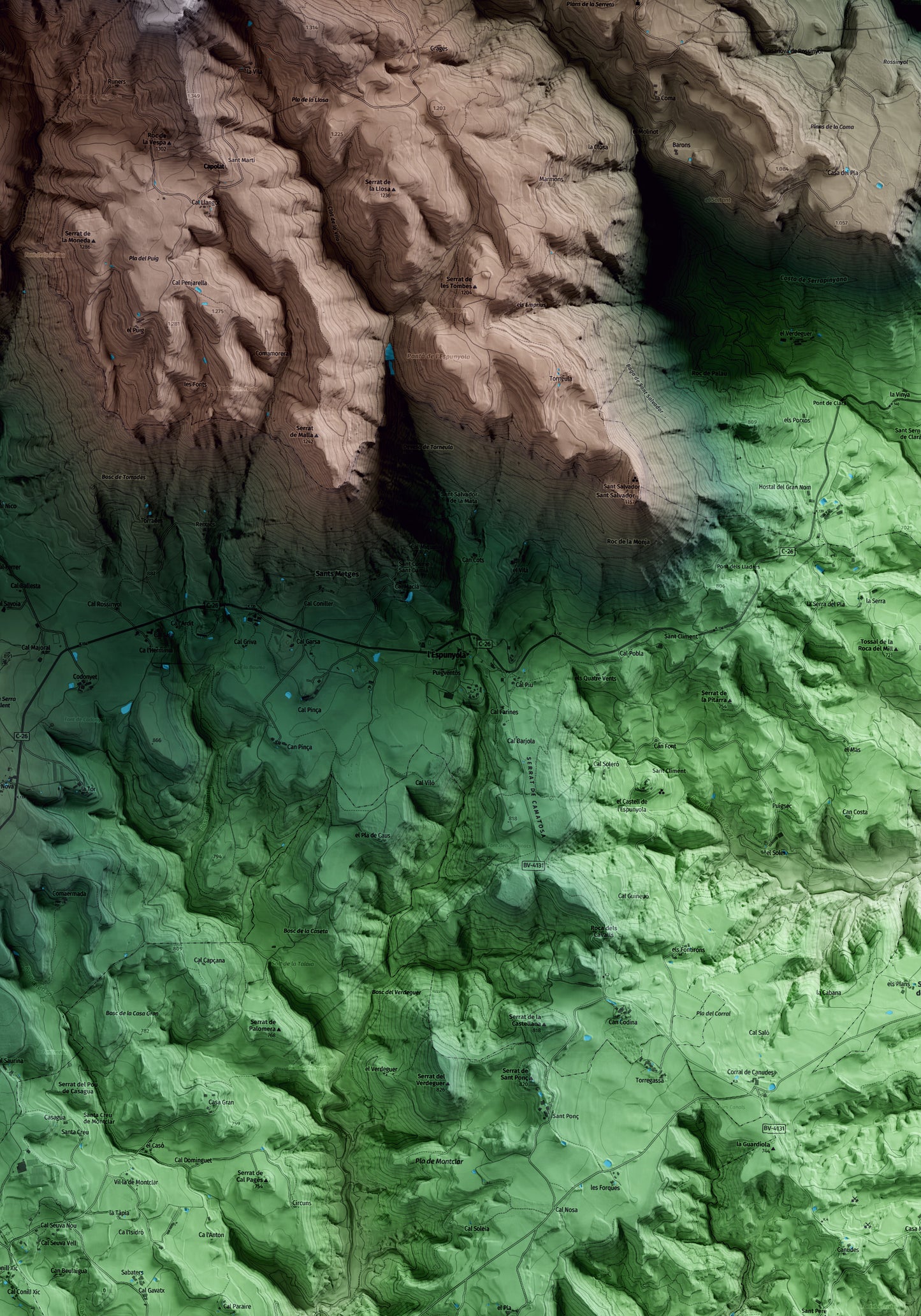 Mapa artístico del relieve de l'Espunyola, al Berguedà, con 15 km de entorno y base topográfica ICGC. Detalle de la zona central.