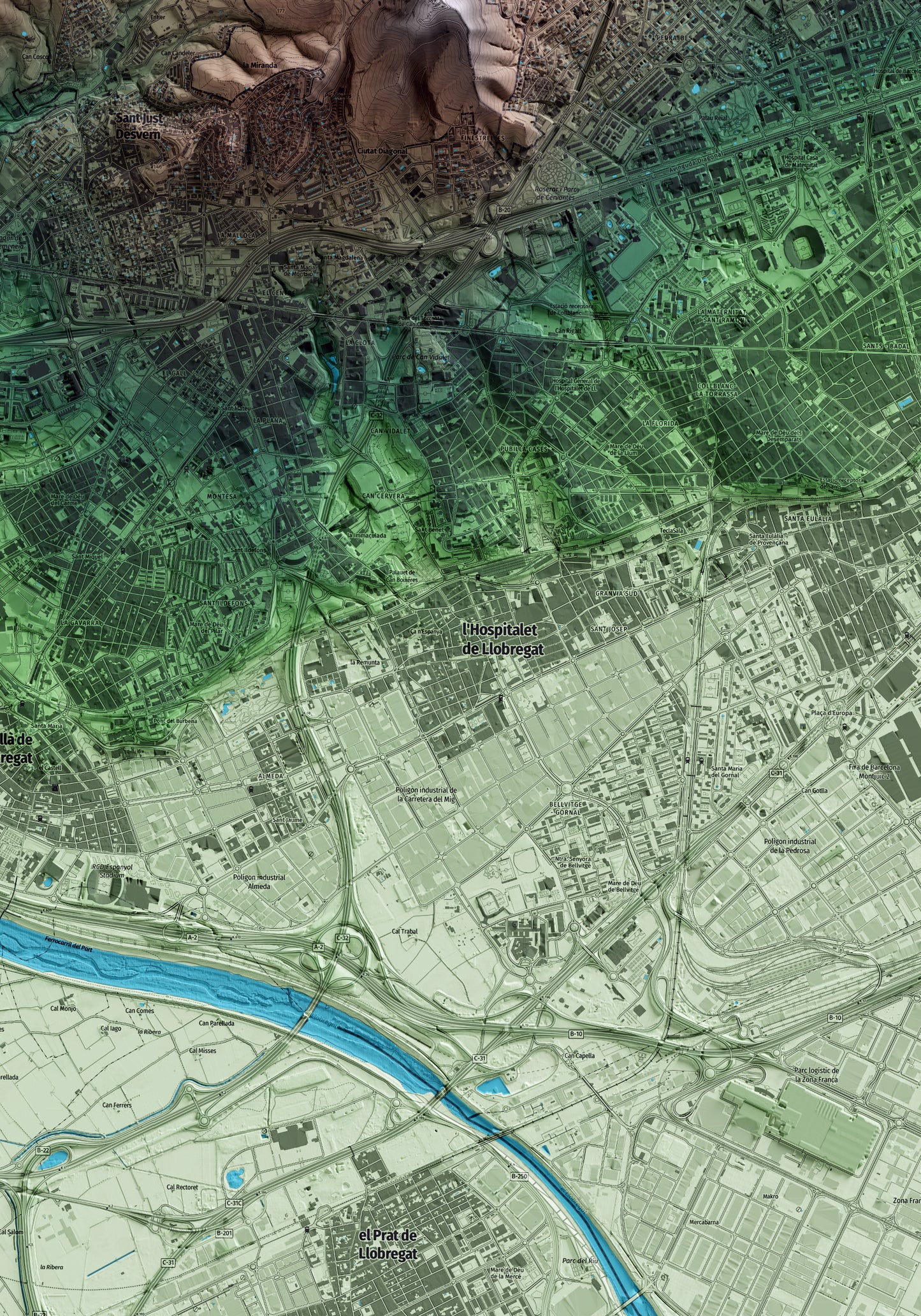 Mapa artístico del relieve de l'Hospitalet de Llobregat, al Barcelonès, con 15 km de entorno y base topográfica ICGC. Detalle de la zona central.