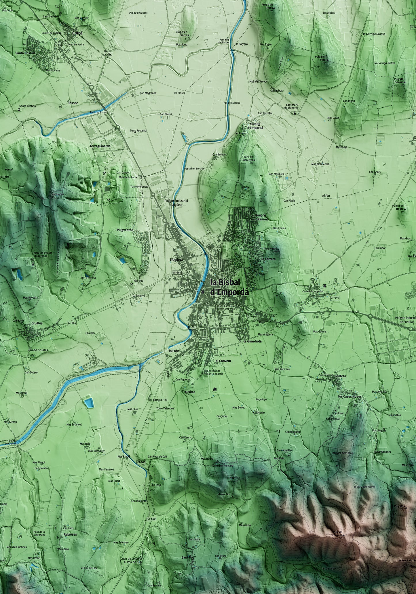 Mapa artístico del relieve de la Bisbal d'Empordà, al Baix Empordà, con 15 km de entorno y base topográfica ICGC. Detalle de la zona central.