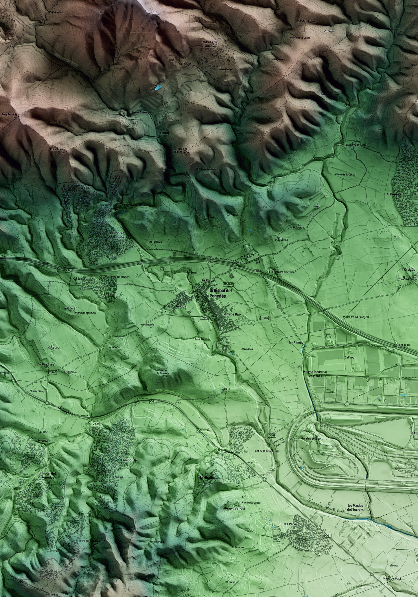 Mapa artístico del relieve de la Bisbal del Penedès, al Baix Penedès, con 15 km de entorno y base topográfica ICGC. Detalle de la zona central.