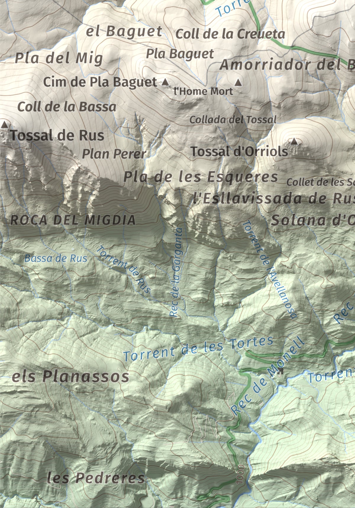 Mapa topográfico del relieve: la Creueta, 2067 m. Detalle de la zona inferior izquierda. 21 × 30 cm.