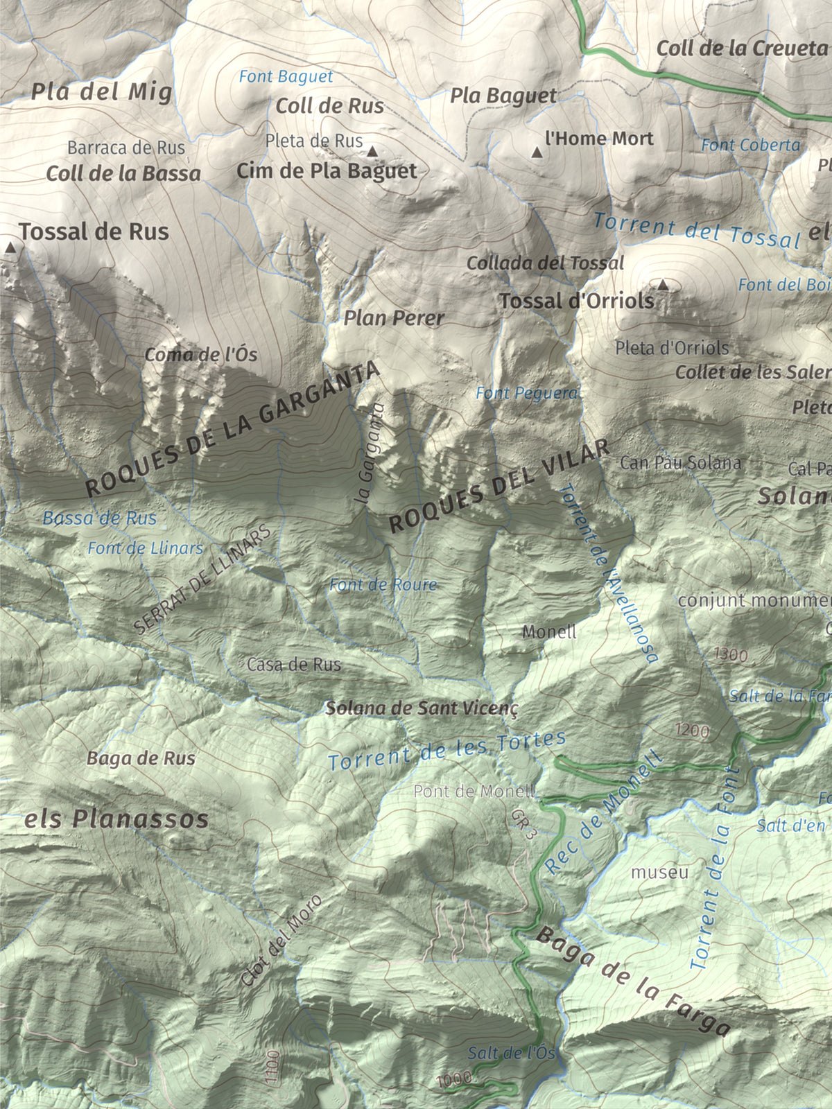 Mapa topográfico del relieve: la Creueta, 2067 m. Detalle de la zona inferior izquierda. 30 × 40 cm.