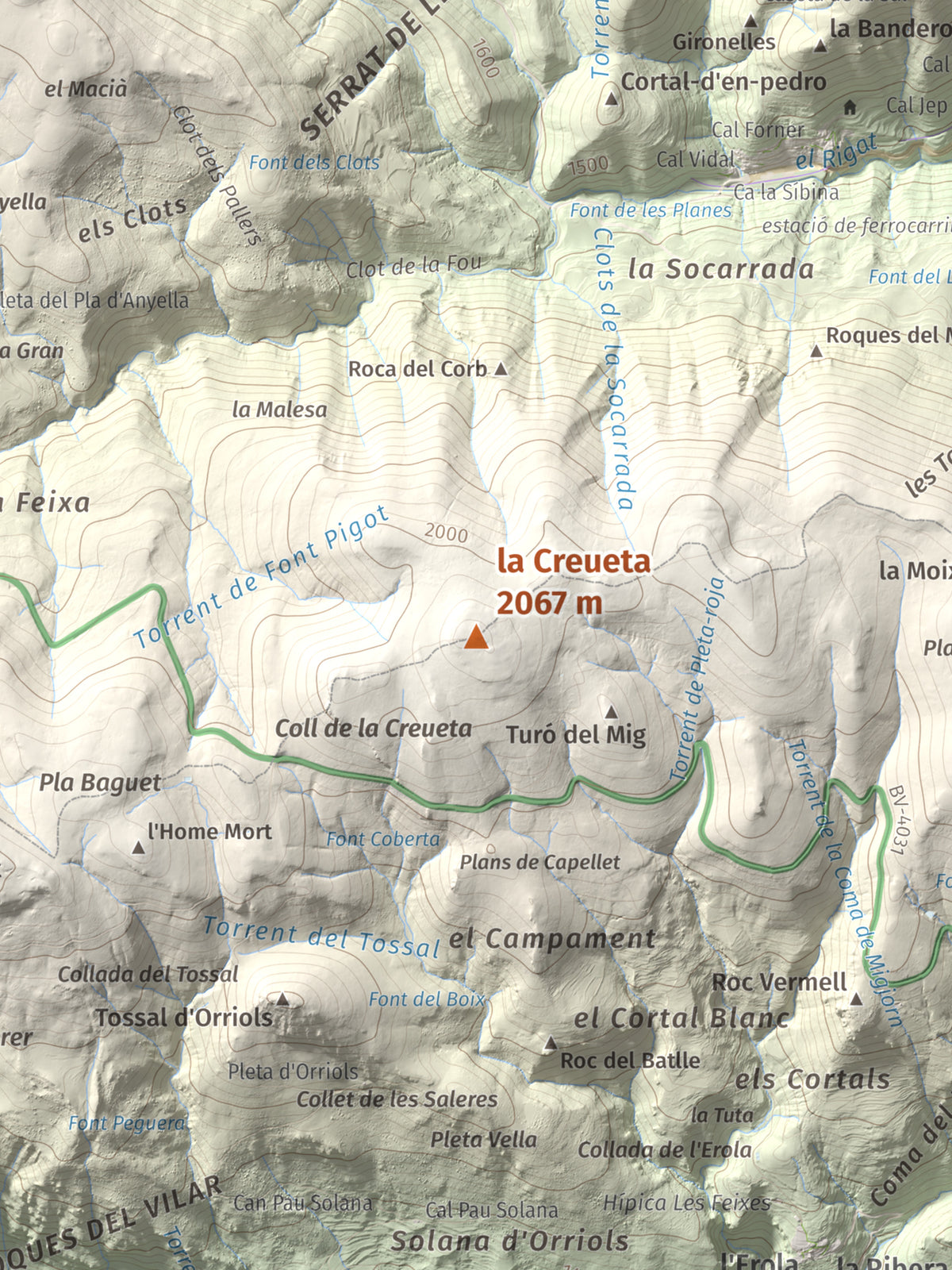 Mapa topográfico del relieve: la Creueta, 2067 m. Detalle de la zona central. 30 × 40 cm.