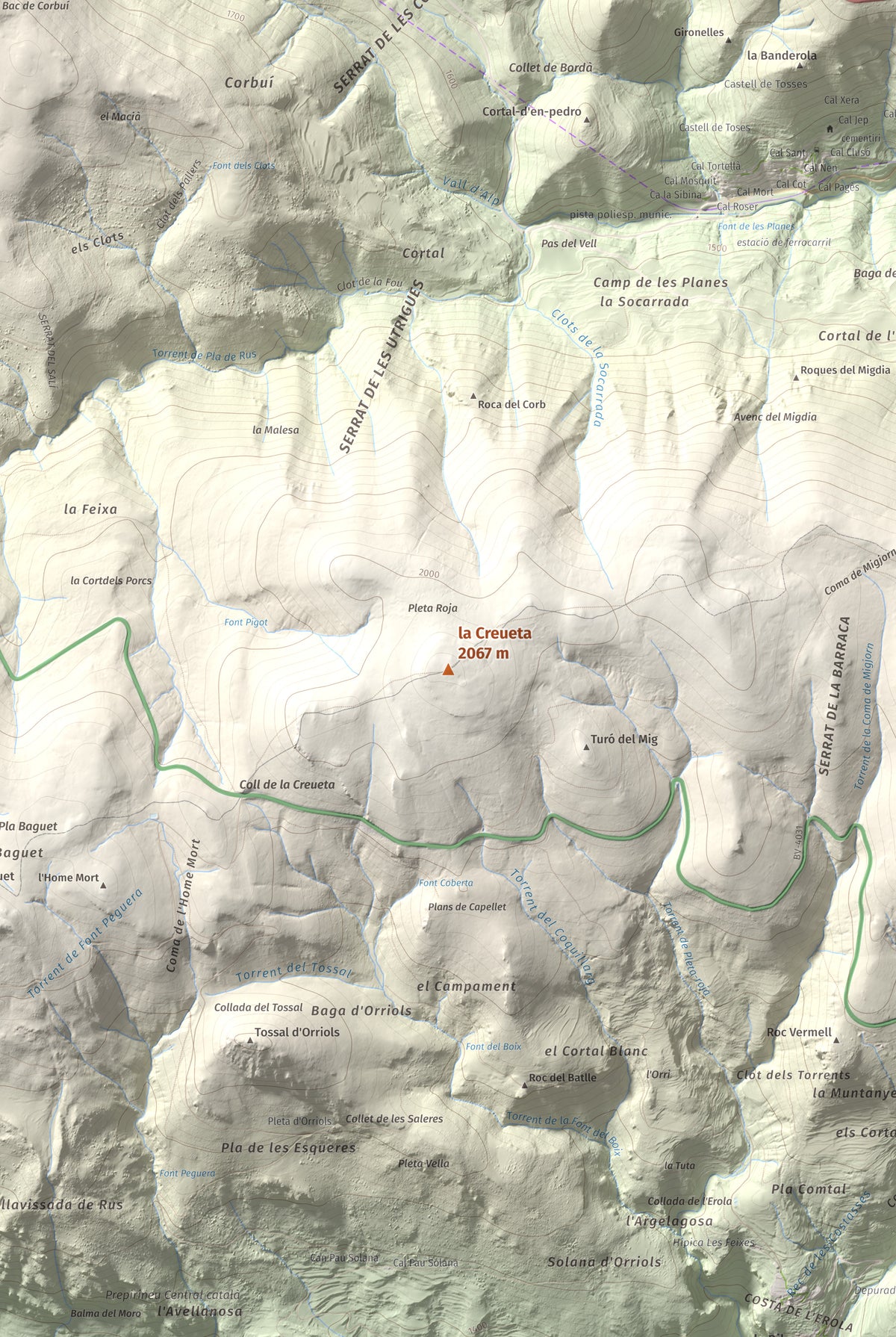 Mapa topográfico del relieve: la Creueta, 2067 m. Detalle de la zona central. 61 × 91 cm.