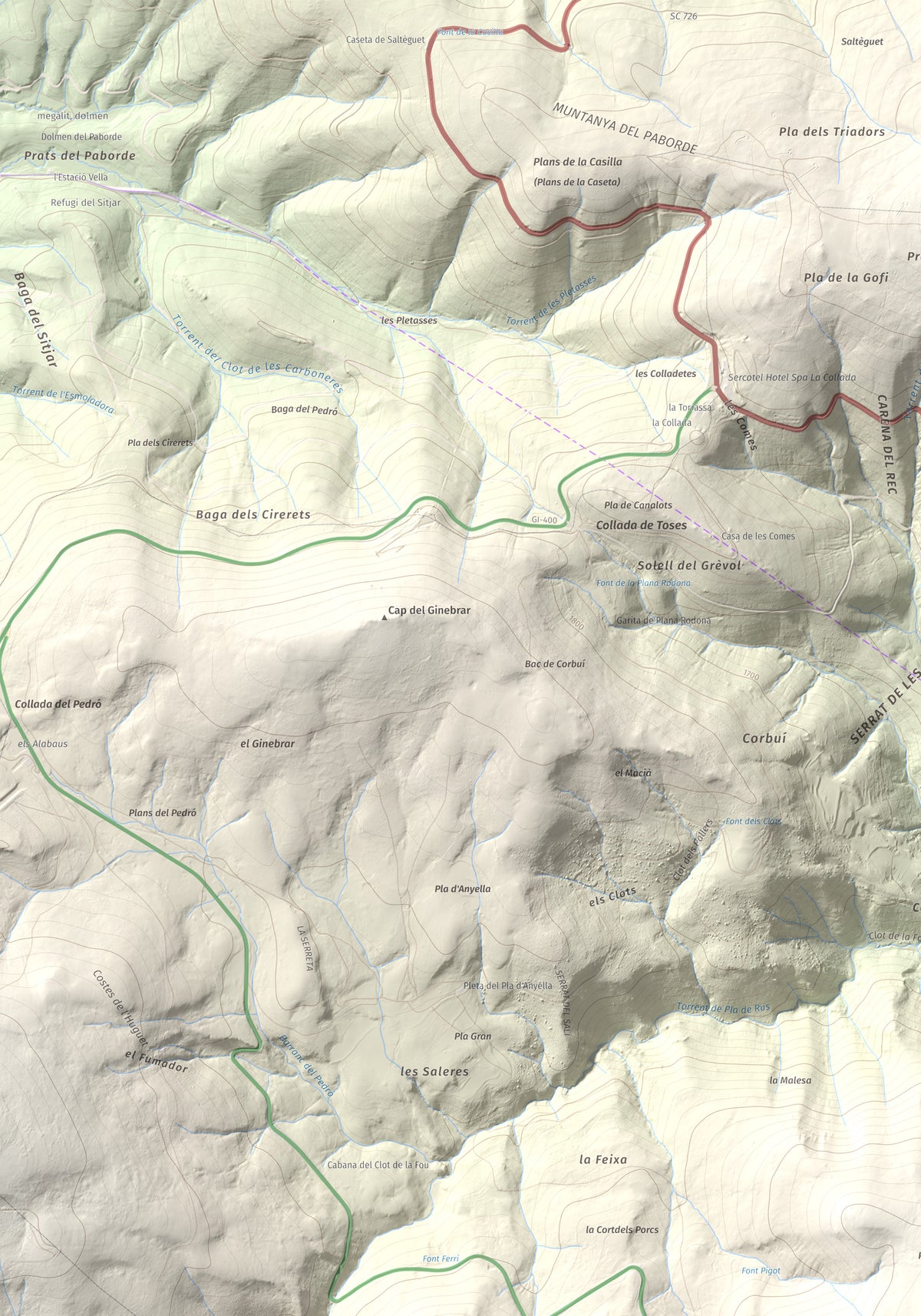 Mapa topográfico del relieve: la Creueta, 2067 m. Detalle de la zona superior izquierda. 70 × 100 cm.