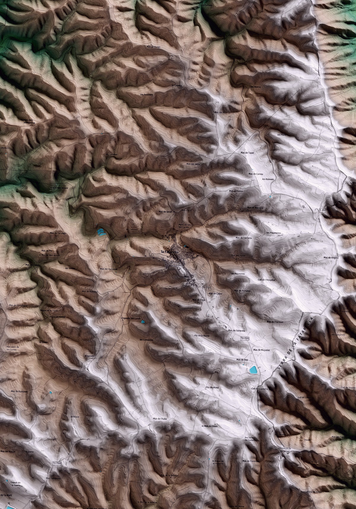 Mapa artístico del relieve de la Fatarella, a la Terra Alta, con 15 km de entorno y base topográfica ICGC. Detalle de la zona central.