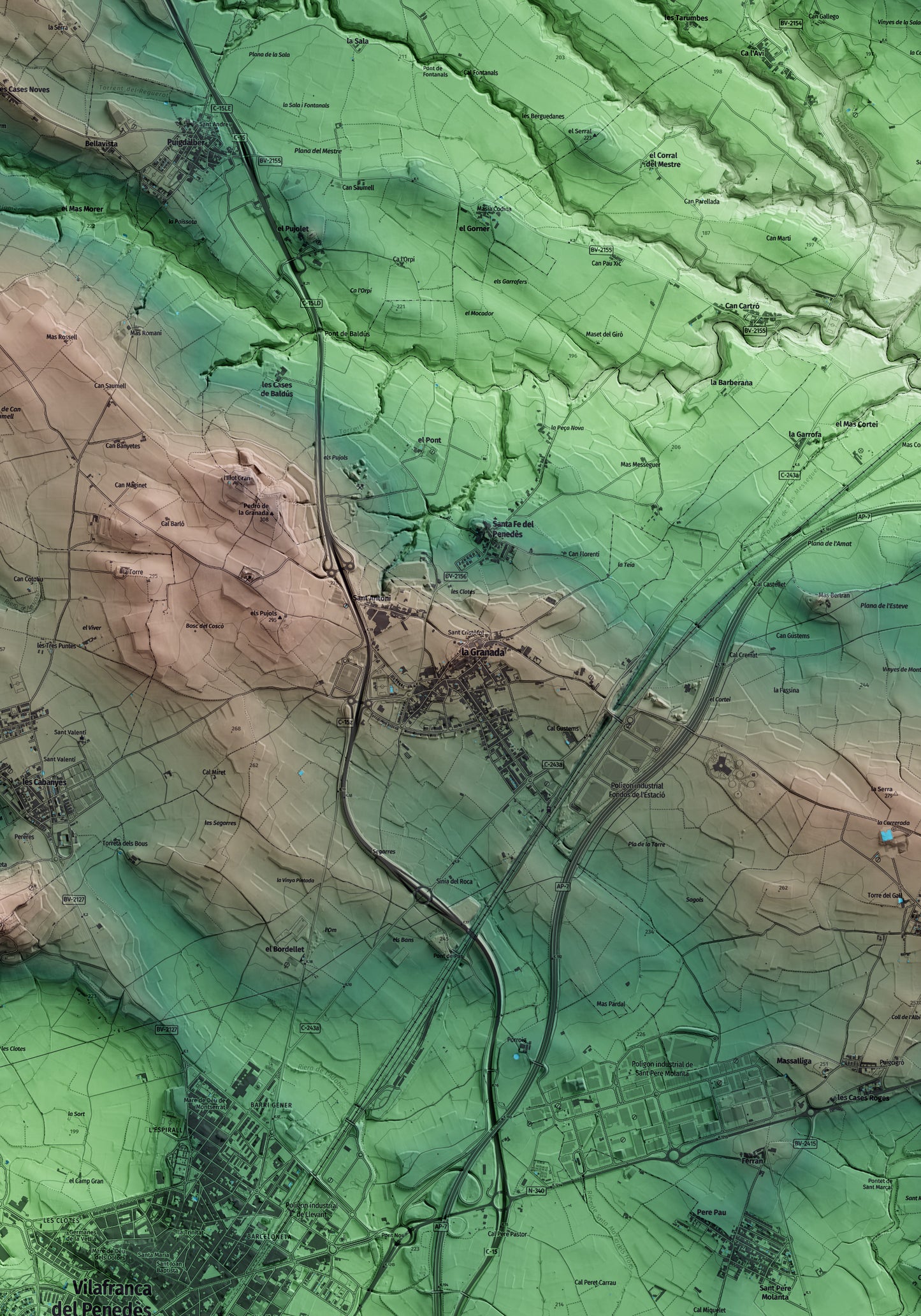 Mapa artístico del relieve de la Granada, al Alt Penedès, con 15 km de entorno y base topográfica ICGC. Detalle de la zona central.