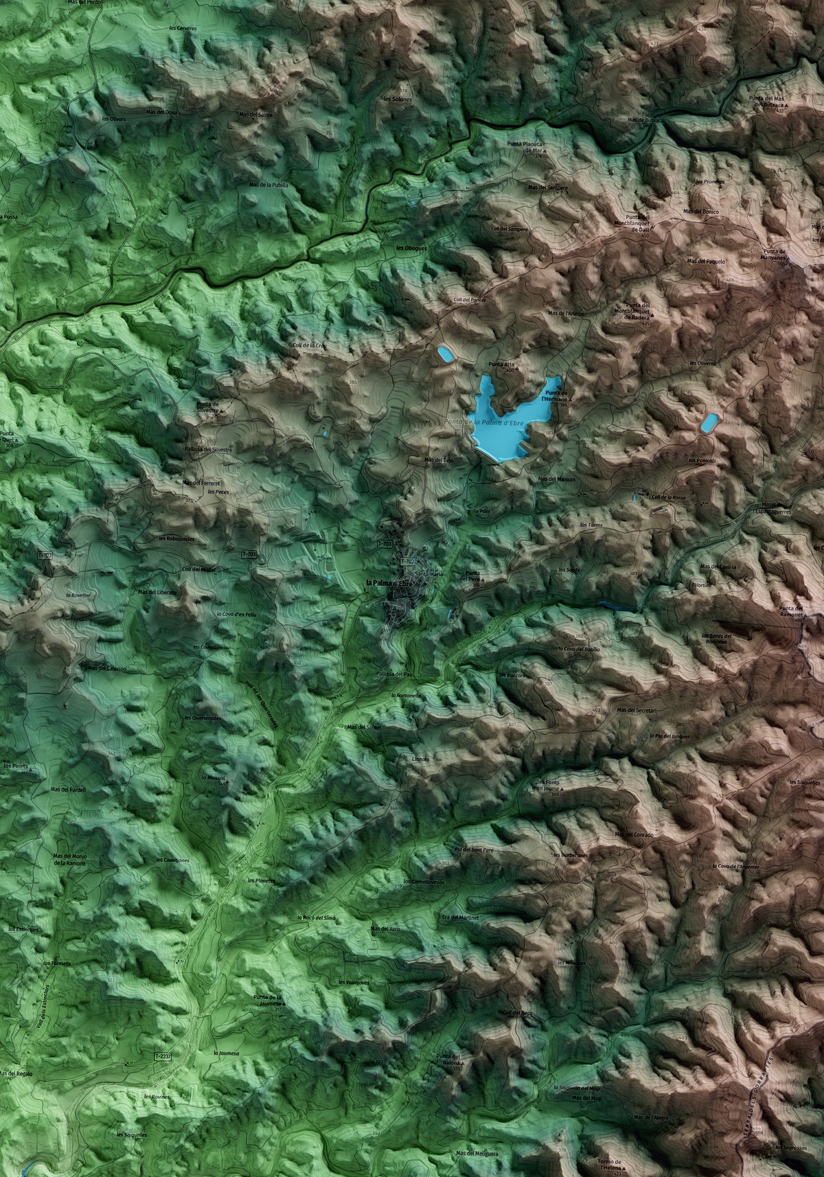 Mapa artístico del relieve de la Palma d'Ebre, a la Ribera de Ebro, con 15 km de entorno y base topográfica ICGC. Detalle de la zona central.
