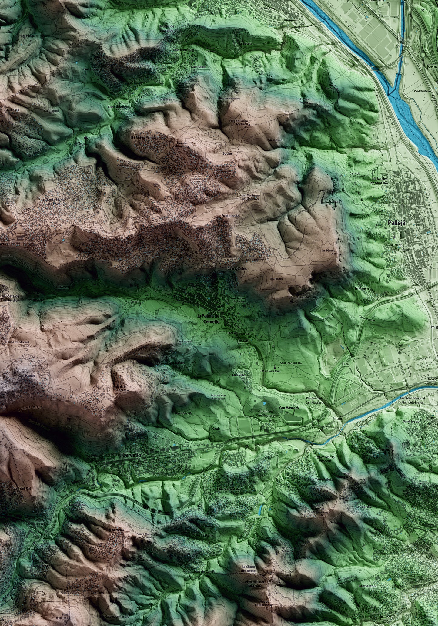 Mapa artístico del relieve de la Palma de Cervelló, al Baix Llobregat, con 15 km de entorno y base topográfica ICGC. Detalle de la zona central.