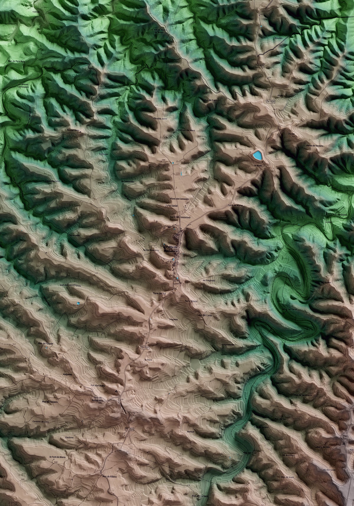 Mapa artístico del relieve de la Pobla de Massaluca, a la Terra Alta, con 15 km de entorno y base topográfica ICGC. Detalle de la zona central.